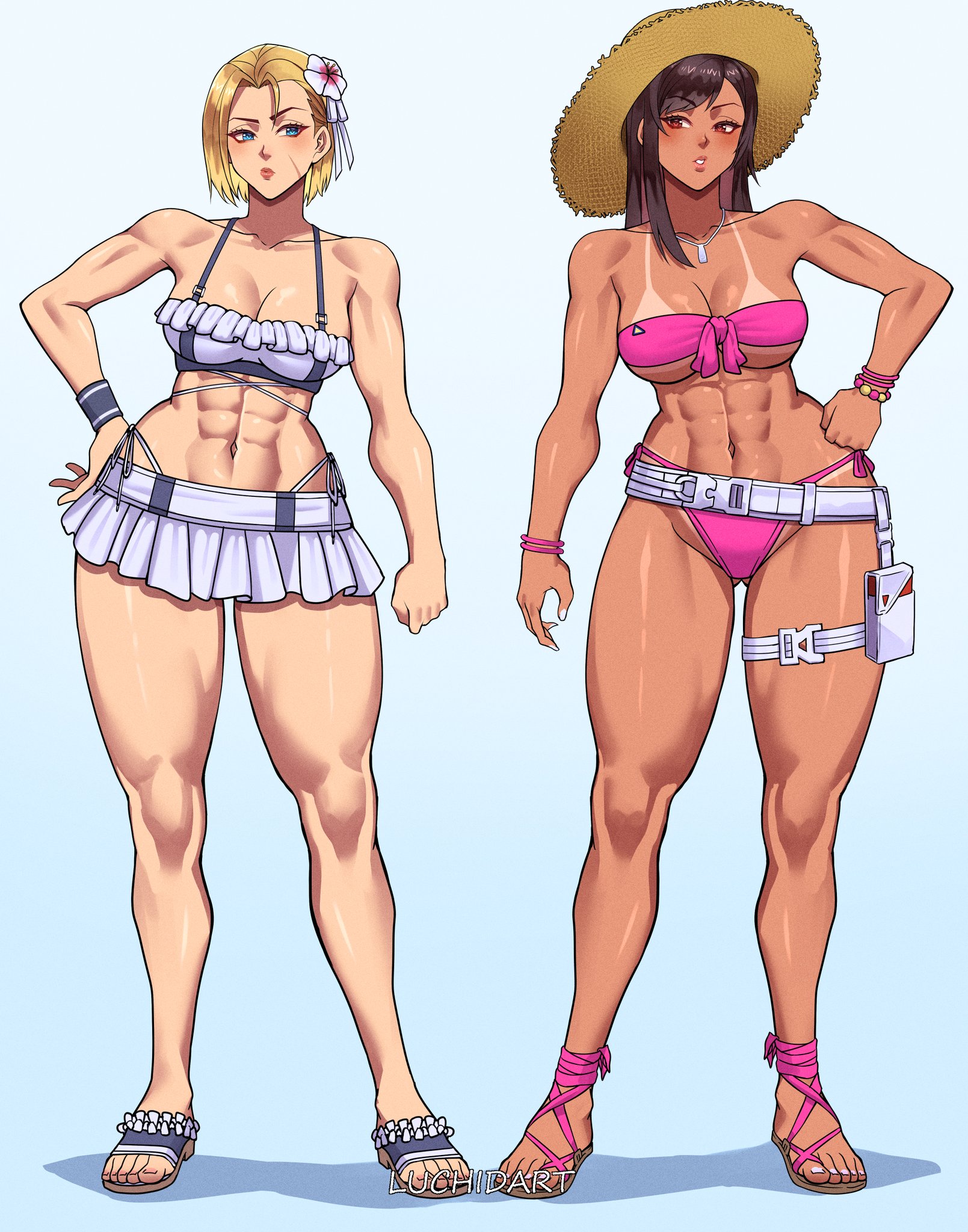 2girls, abs, athletic female, big breasts, bikini, black hair, blonde hair, blue eyes, breasts, brown eyes, cammy white, cammy white (cosplay), child bearing hips, cleavage, cosplay, costume switch, crossover, crossover cosplay, female, female only, final fantasy, final fantasy vii, final fantasy vii remake, fit female, flower in hair, hat, huge breasts, large breasts, luchidart, multiple females, multiple girls, official alternate costume, outfit swap, sandals, scar, short hair, street fighter, street fighter 6, sunhat, swimsuit, tan skin, tan-skinned female, tanline, tanned, tifa lockhart, tifa lockhart (cosplay), voluptuous