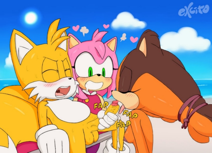 1boy, 2girls, amy rose, animal ears, animal nose, blue sky, blush, closed eyes, cloud, cloudy sky, couple, cum, cum in mouth, day, excito, female, footwear, footwear only, fox tail, full moon, furry, furry female, furry with furry, gloves, green eyes, handwear, handwear and footwear only, handwear only, happy, heart, horizon, interspecies, lowres, male, miles tails prower, moon, mostly nude, open mouth, outdoors, pink hair, sega, sky, smile, sonic (series), sonic boom, sticks the badger, sun, tail, tails the fox, teeth, tree, white gloves