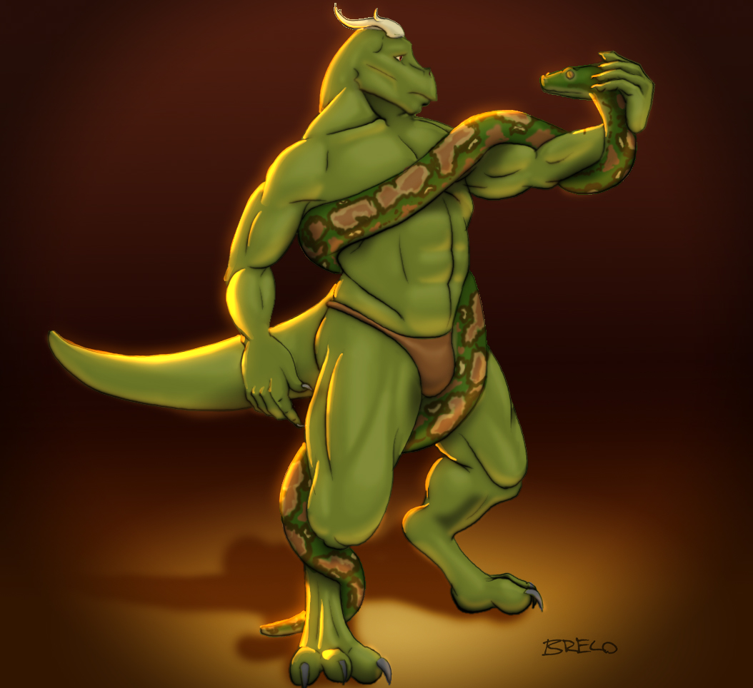 1boy brelo_(artist) dragon green male male_only muscles pose snake solo