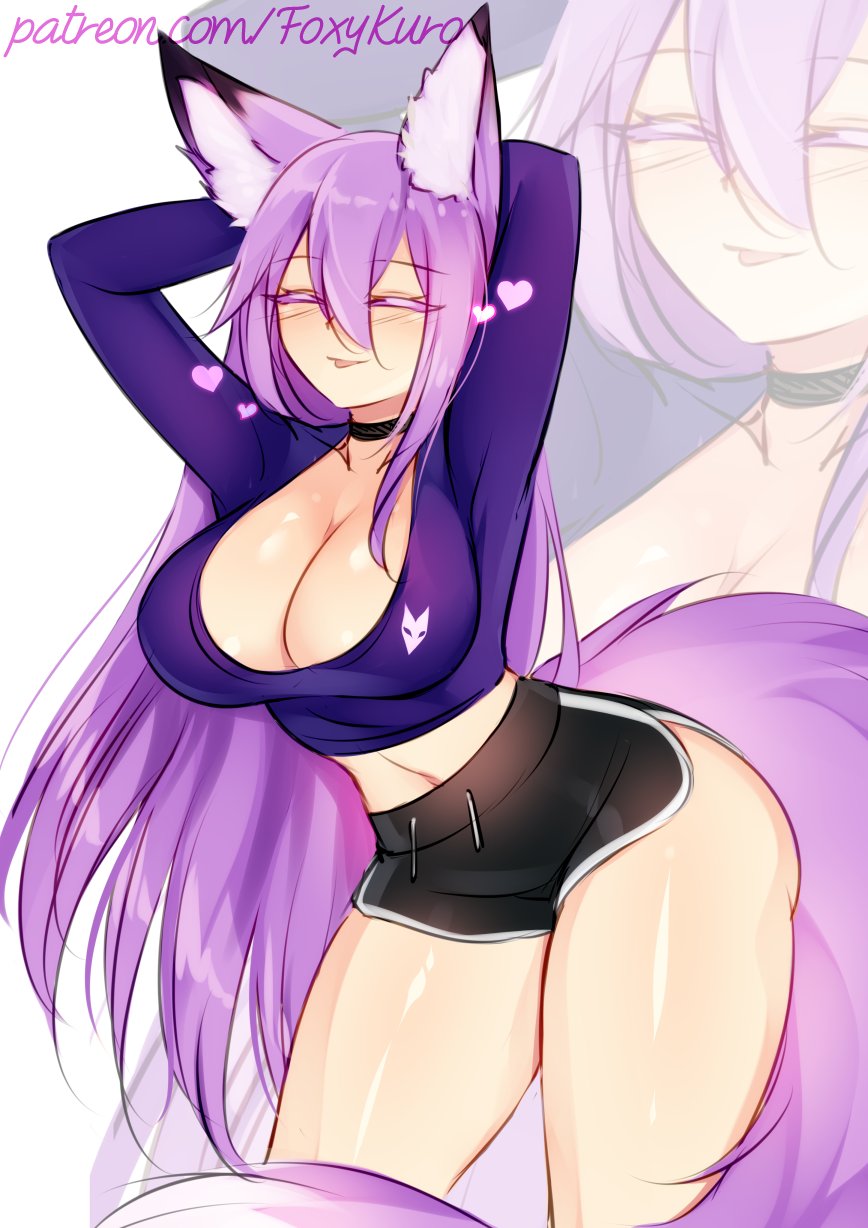 :p, breasts, choker, cleavage, crop top, dolphin shorts, female, fox ears, fox girl, foxykuro, heart symbol, kuro (foxykuro), large breasts, mlem, purple hair, shorts, tagme, thick thighs, thighs, very long hair