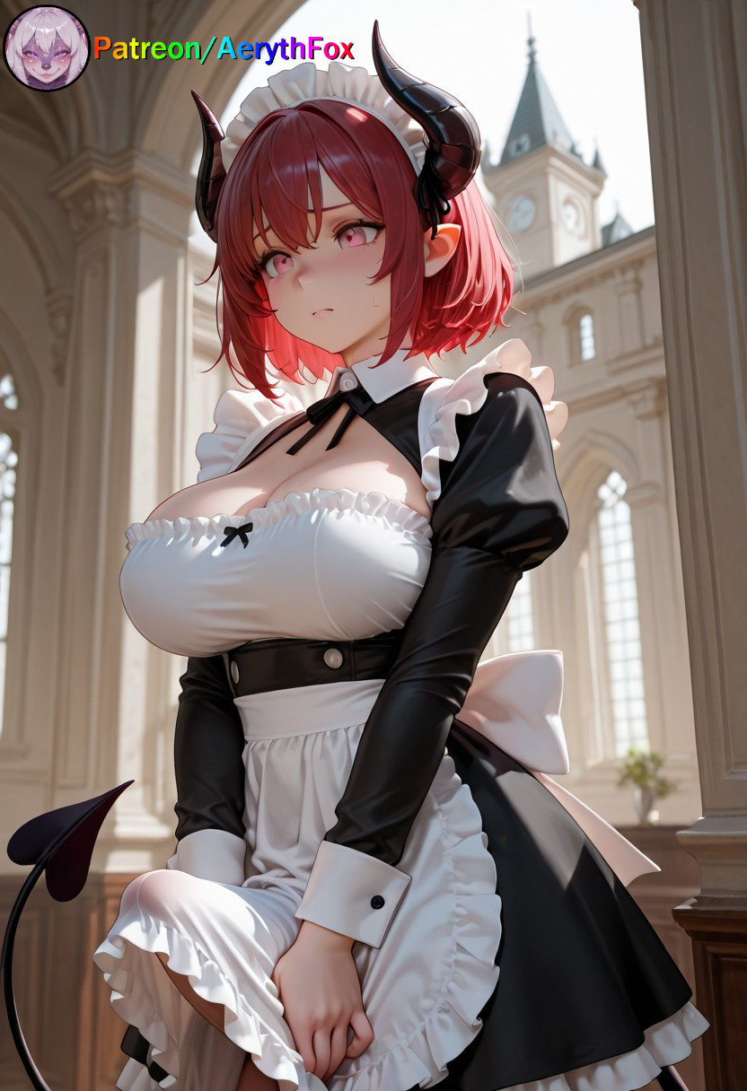 1futa, aerythfox, ai, ai art, ai generated, big breasts, big penis, blush, breasts, bulge through clothing, futa only, futanari, horns, intersex, maid, patreon, patreon username, penis, penis bulge, solo, succubus, succubus horns, succubus tail, tagme, tail, wide hips