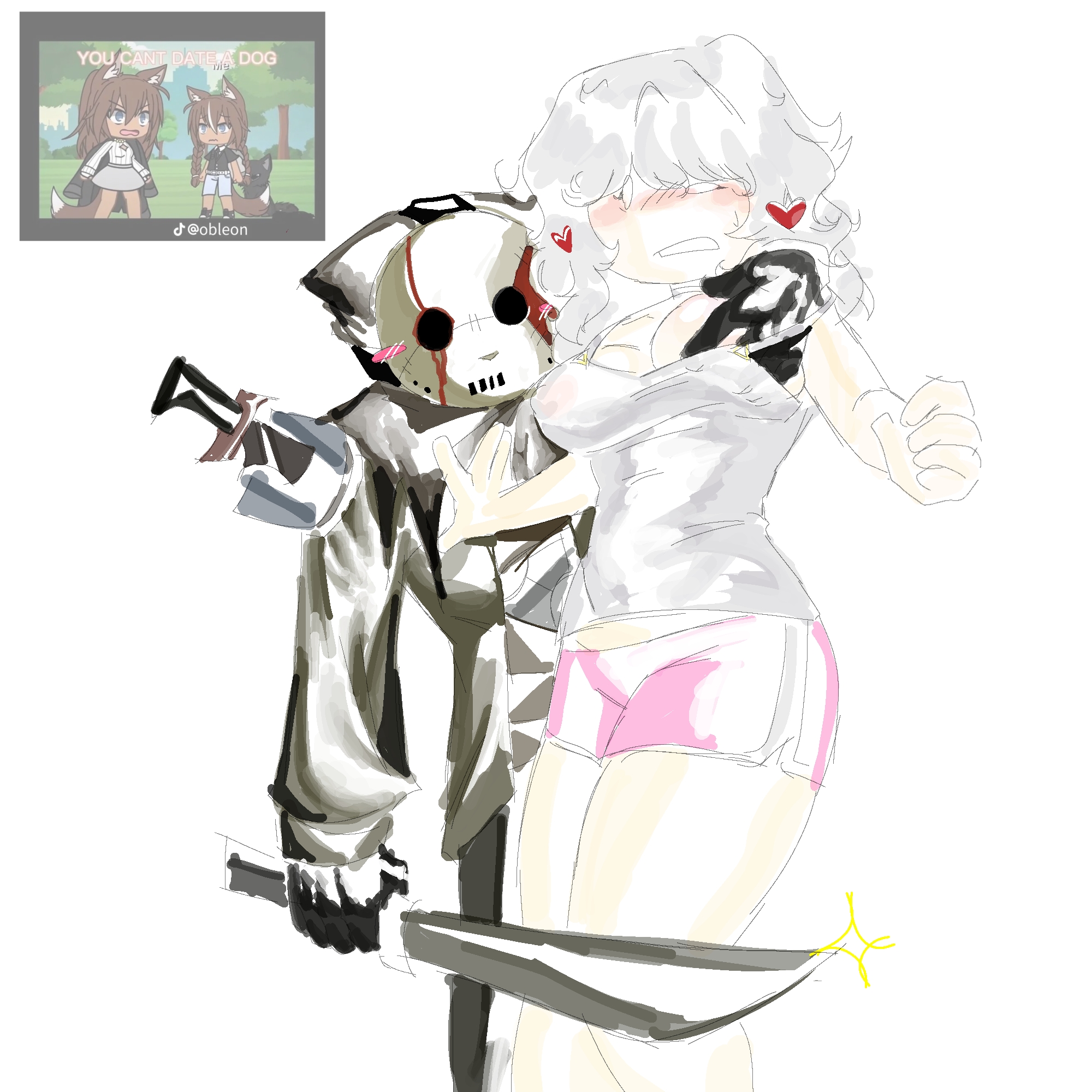 1boy, boob grab, breast grab, breasts, clothed, colored sketch, female, forsaken (roblox), holding object, holding weapon, lornan1hater, machete, male, male/female, masked, masked male, no genitals, no sex, oc, original character, roblox, roblox game, robloxian, self upload, shirt, shorts, sketch, slasher (forsaken), thighs, white background