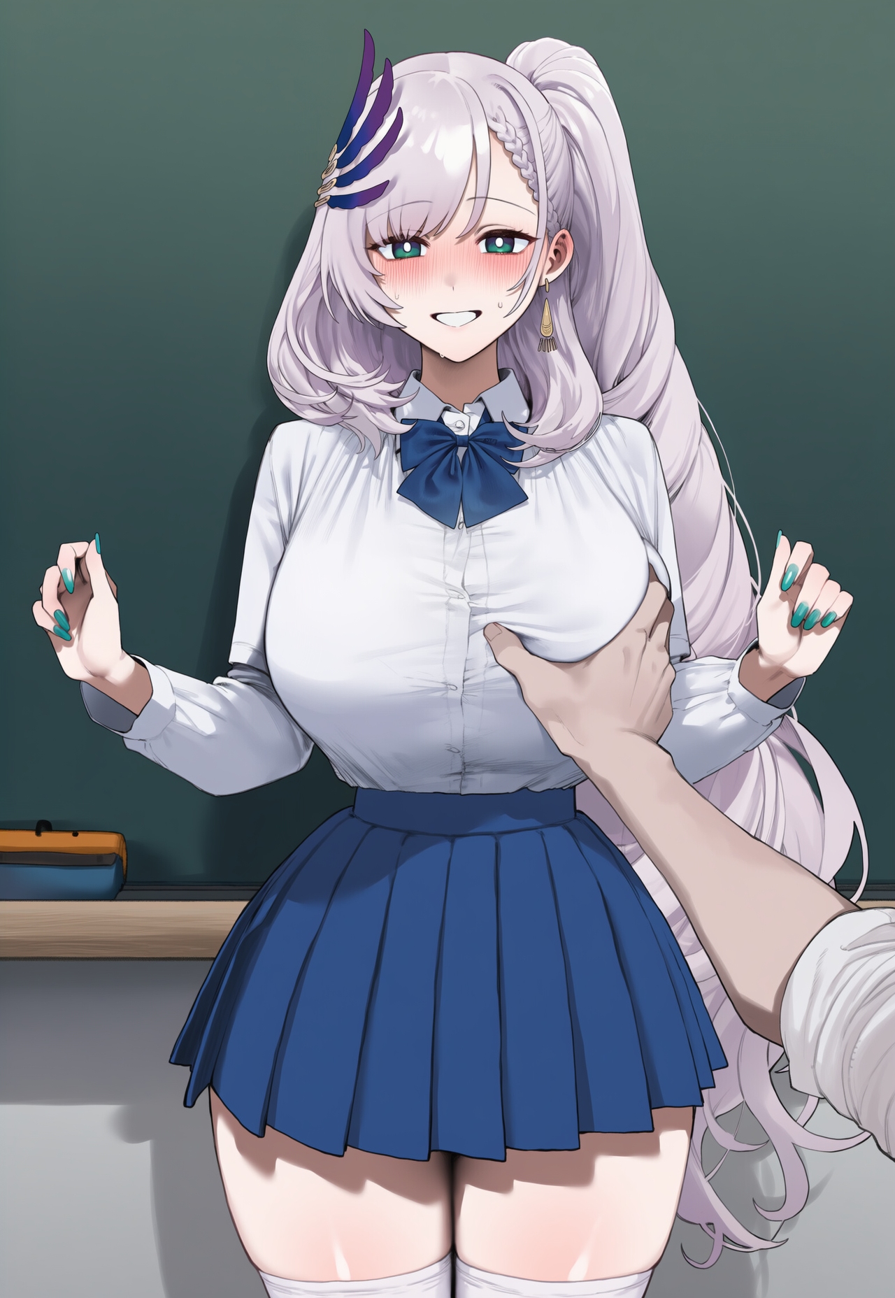 1girls, ai generated, big breasts, breast grab, breasts, classroom, female, green eyes, hololive, hololive indonesia, hololive indonesia holoro, huge breasts, large breasts, light-skinned female, long hair, pavolia reine, pov hands, schoolgirl, thick thighs, thighs, truck kun, virtual youtuber, white hair, wide hips