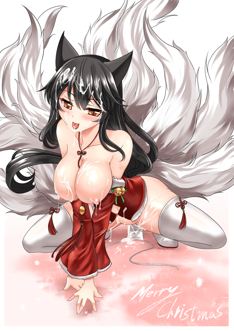 1girls :p ahri animal_ears bare_shoulders black_hair blush breasts christmas cum cum_drip cum_in_pussy cum_inside cum_on_breasts cum_on_face cum_on_thighs cumdrip detached_sleeves facial female fox_ears fox_tail fur furry_tail humanoid league_of_legends long_hair merry_christmas miyuki_rei multiple_tails no_panties orange_eyes panties santa_costume side-tie_panties solo tail thighhighs tongue tongue_out underwear white_legwear white_panties