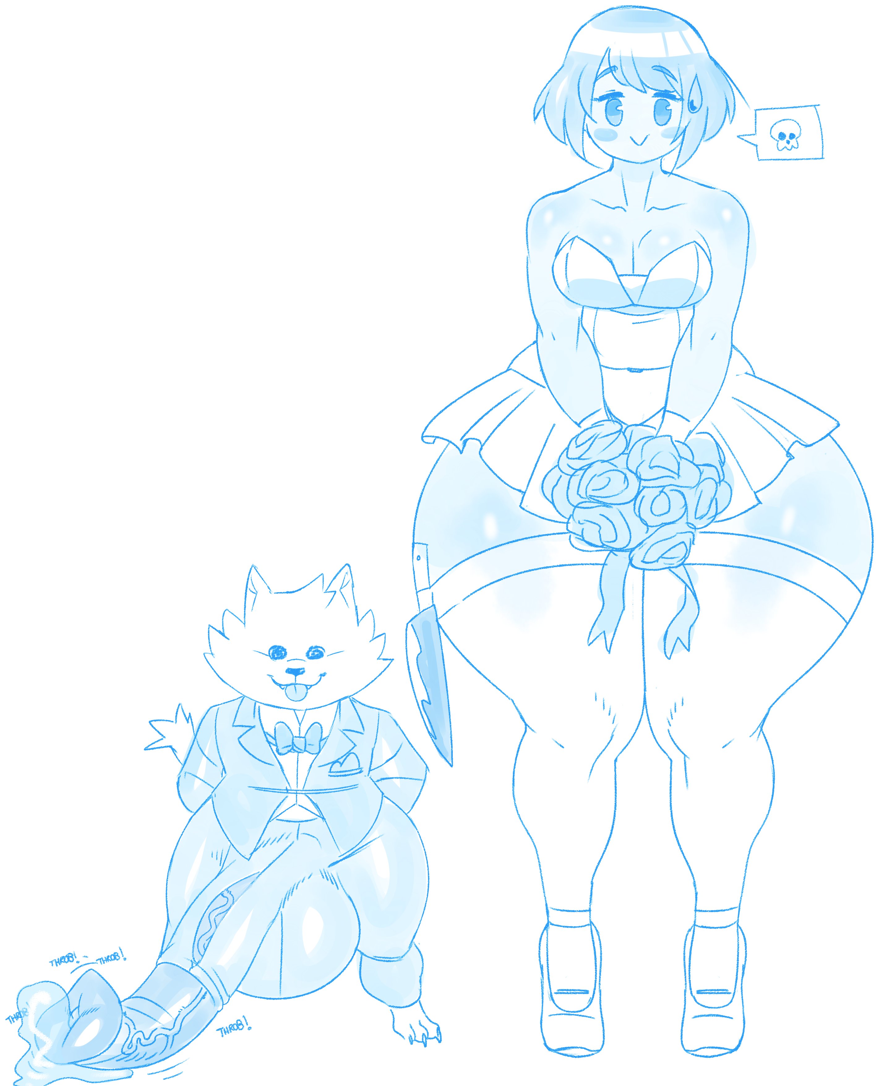1boy, 1girls, absurd res, absurdres, annoying dog (undertale), barefoot, big ass, big penis, big thighs, blush stickers, bouquet, breasts, bulge, canine, chara, cock, creamygravy, female, female chara, hi res, highres, husband, husband and wife, hyper ass, hyper penis, implied zoophilia, interspecies, interspecies marriage, interspecies relationship, knife, male, marriage, married couple, married female, married male, married to feral, medium breasts, penis, penis visible through clothing, precum, short hair, size difference, smile, straight, sweatdrop, thick thighs, tuxedo, uncensored, undertale, undertale (series), wedding, wedding dress, wide hips, wife, wife and husband, zoophilia