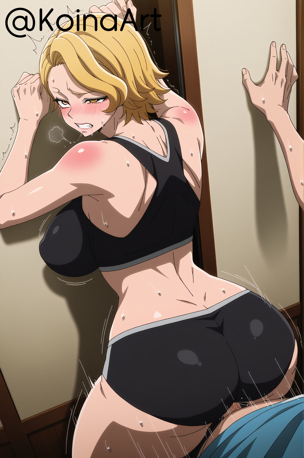 against wall, ai generated, black panties, boyshort panties, breasts, clenched teeth, doggy style, domination, eyes rolling back, female, frown, half-closed eye, highres, huge breasts, koinaart, leaning, leaning forward, panties aside, patreon, perky breasts, sazanami kuina, sex, short hair, speed lines, sports bra, sports panties, sports shorts, sportswear, stable diffusion, steam, thick thighs, torogao, tougen anki