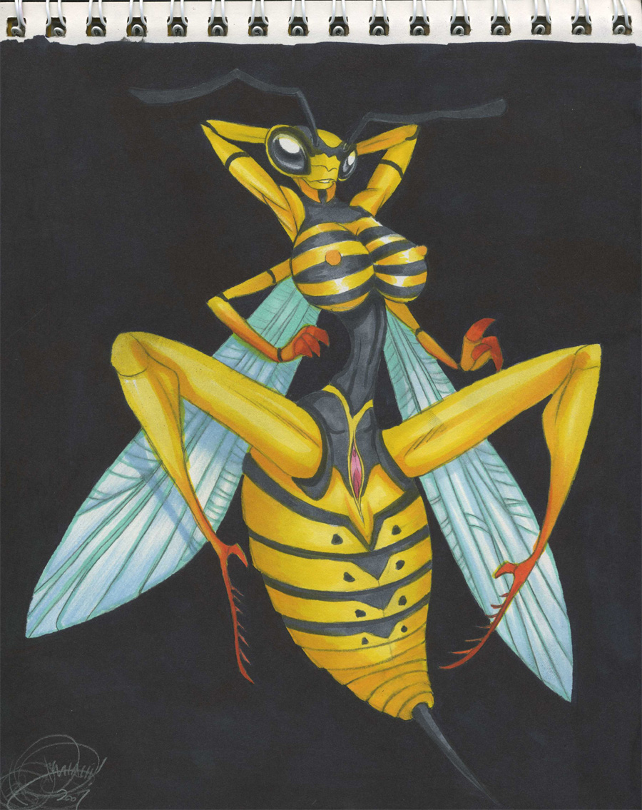 antennae anthro breasts dat_abdomen female furry insect malachi multi_arm multi_limb nipples pussy solo spread_legs spreading wasp