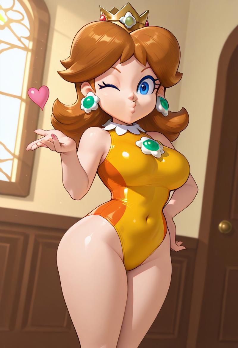 1girls, ai generated, blue eyes, breasts, brooch, brown hair, collar, covered navel, crown, eyelashes, female, flower earrings, full body, groin, long hair, looking at viewer, mario (series), mario and sonic at the olympic games, mith1010 (ai generator), narrow waist, nintendo, one-piece swimsuit, princess daisy, shiny clothes, skintight, standing, swimsuit, thick thighs, thighs, wide hips, yellow swimsuit