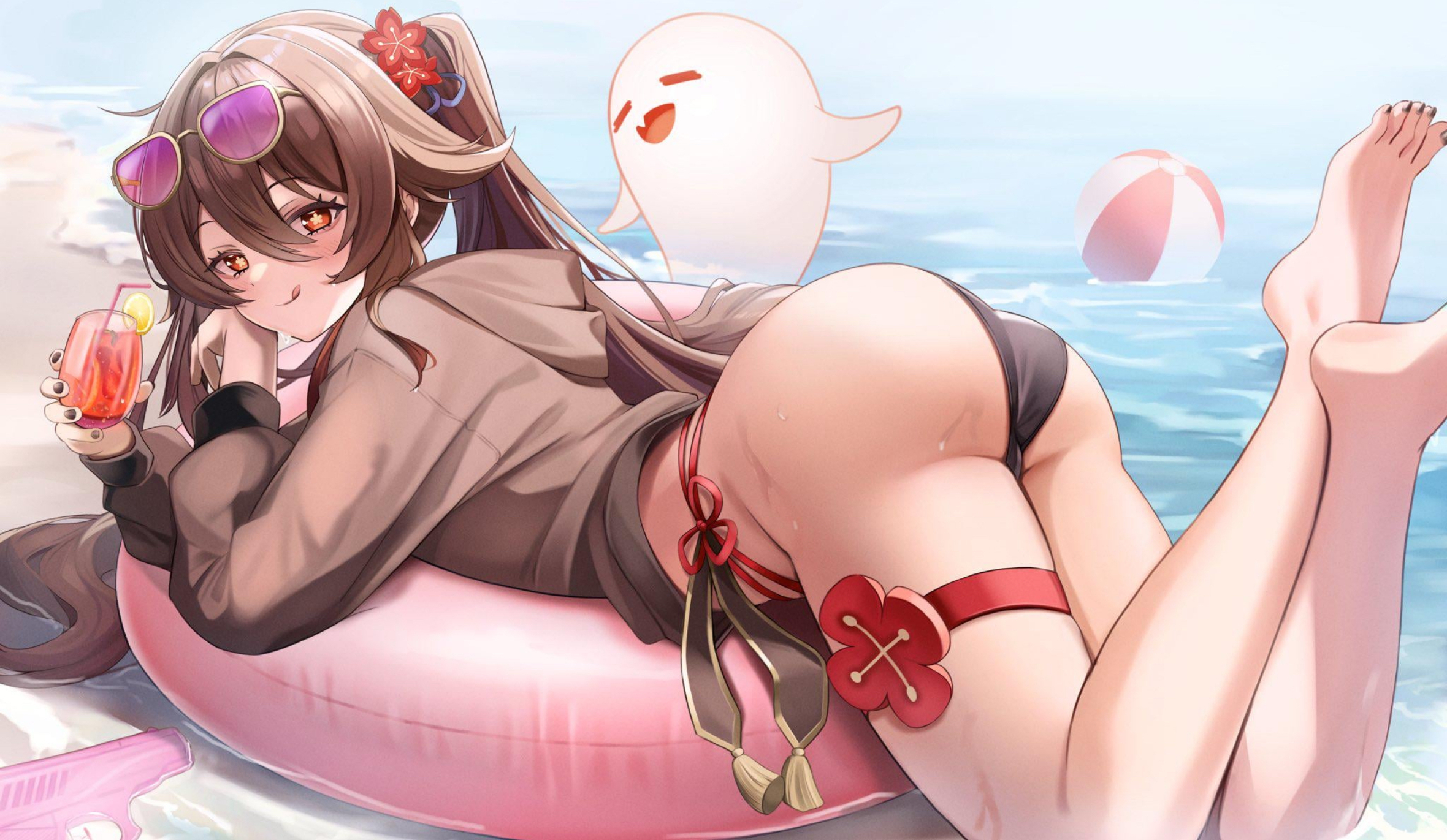 1girls, ass, ass focus, beach, beach ball, brown hair, clothing, feet, female, female focus, genshin impact, hu tao (genshin impact), light skin, light-skinned female, looking at viewer, no pants, solo, solo female, solo focus, toes, tongue out, twitter link, water