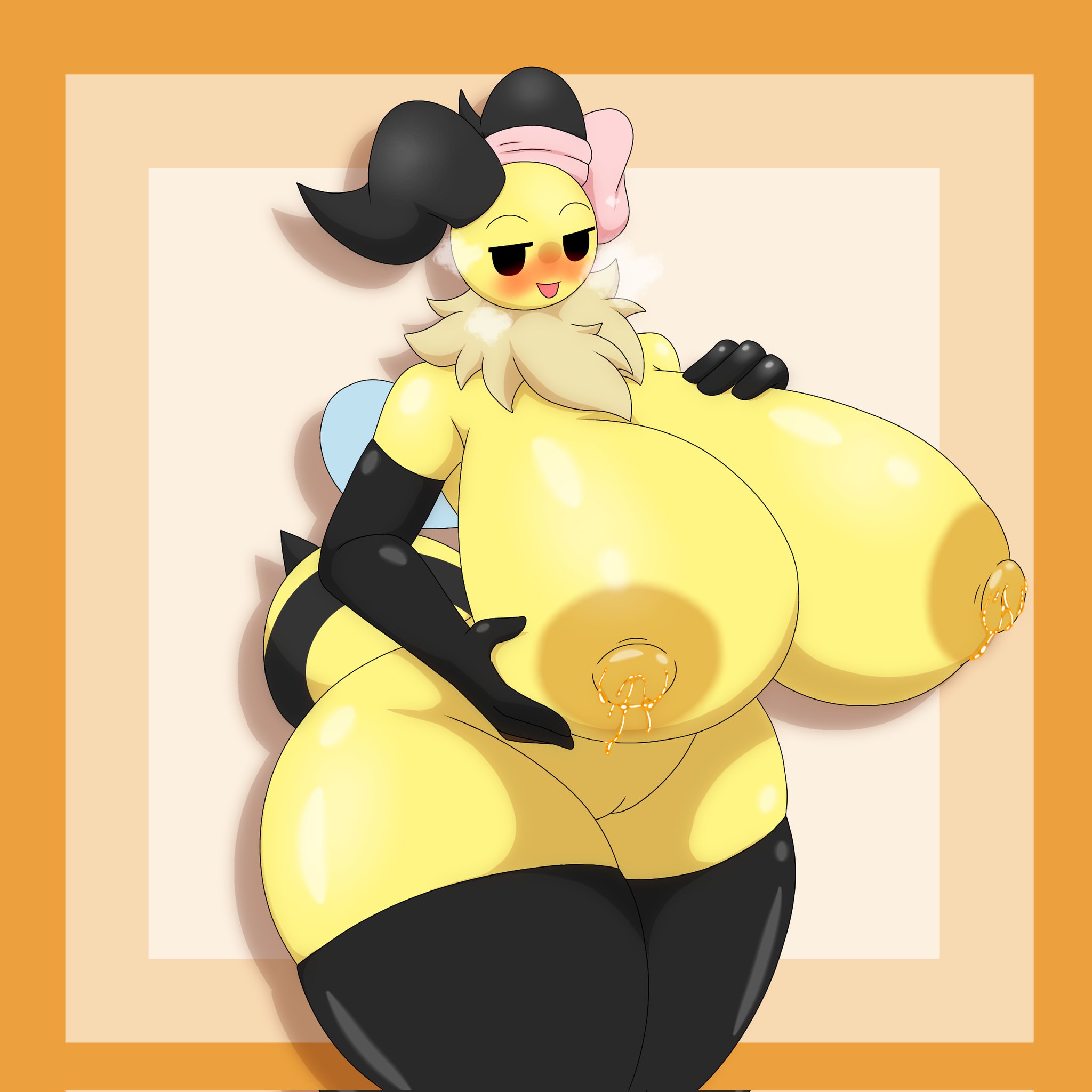 annabee (fanarts), antennae (anatomy), bee, bee girl, big ass, big breasts, big nipples, big thighs, breasts, fanart, female, insect humanoid, lactating, lactation, nude, nude female, original character, woebeeme (fanarts), yellow body