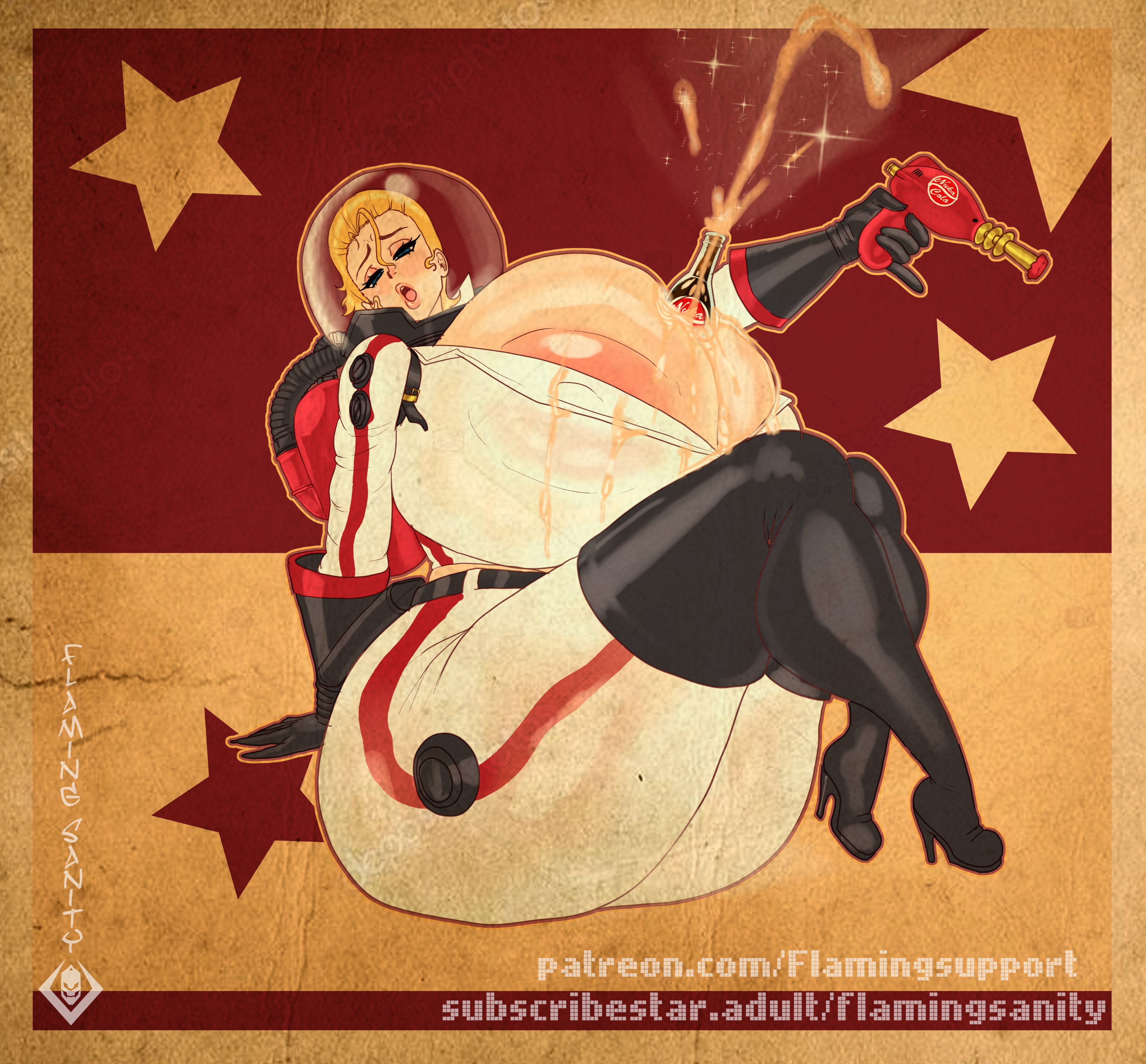 1girls, areola slip, ass, belt, between breasts, blonde hair, blue eyes, breasts, fallout, female, female focus, female only, flamingsanity, gloves, helmet, high heel boots, hyper, hyper breasts, large ass, large breasts, nipple bulge, nuka girl, nuka-cola, pinup, pinup pose, raygun, retrofuturism, soda, soda bottle, space helmet, spacesuit, sparkles, star, thick thighs, thighs, weapon