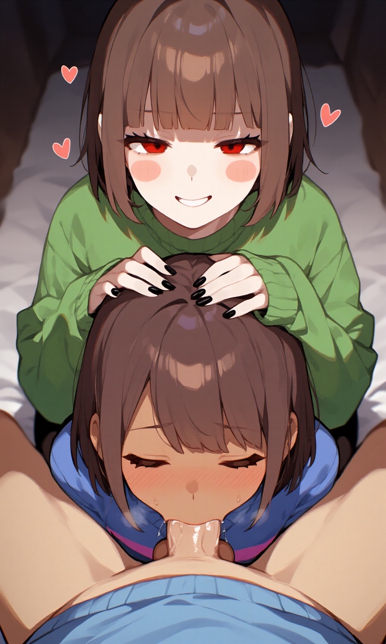 2girls, ai generated, assisted fellatio, balls, black nails, chara, closed eyes, fellatio, female, female frisk, forced, forced fellatio, forced oral, frisk, frisk (undertale), male, penis, pov, pushing down, pushing head down, red eyes, short hair, sleeves past wrists, sweater, threesome, undertale