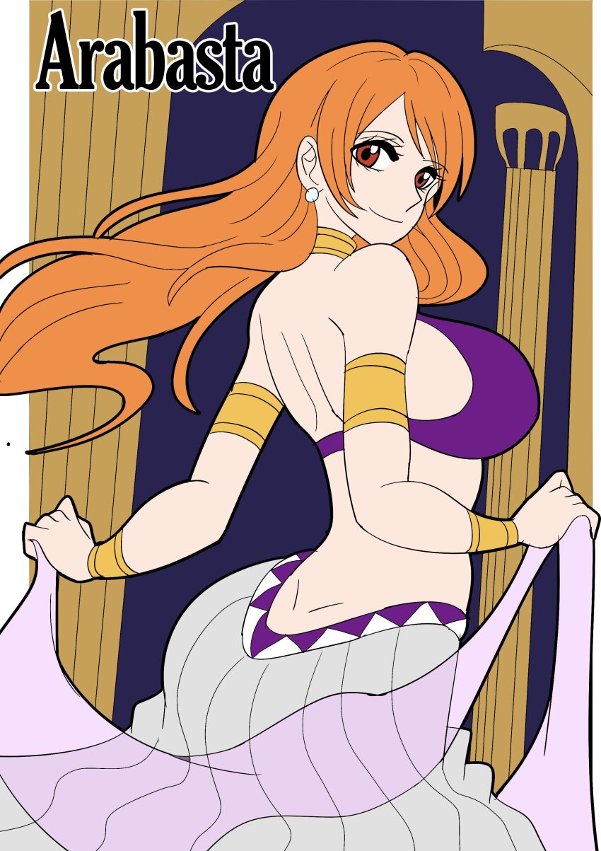 1girls, alabasta, belly dancer, belly dancer outfit, breasts, degamishiro, female, female only, harem girl, harem outfit, huge breasts, long hair, nami (one piece), one piece, orange eyes, orange hair, orange-haired female