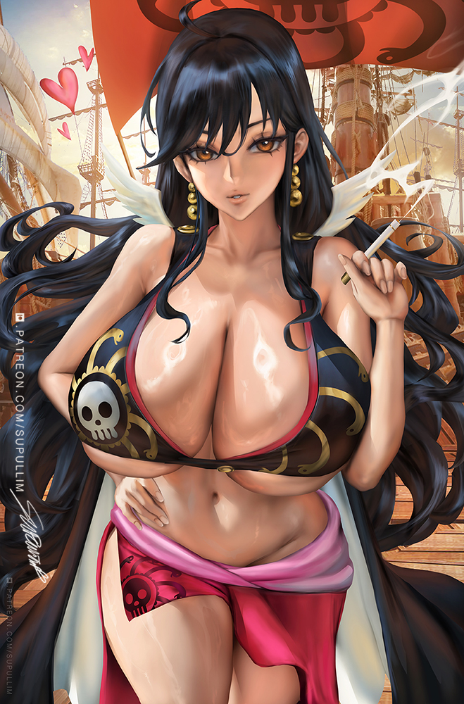 1girls, bare legs, bare thighs, big breasts, black hair, black-haired female, breasts, cigarette, clothed, clothing, color, female, female focus, female only, hi res, jewelry, large breasts, light skin, light-skinned female, long hair, massive breasts, one piece, shakuyaku, shounen jump, solo, solo female, supullim, tagme, thick thighs