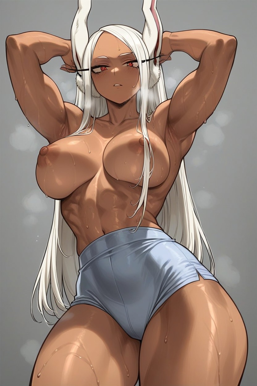 abs, ai generated, armpits, big breasts, boku no hero academia, breasts, bunny ears, bunny girl, dark nipples, dark skin, dark-skinned female, faprunner78, female, female only, hands behind head, hips, long hair, looking at viewer, mirko, miruko, muscular, muscular arms, muscular female, my hero academia, natural breasts, nipples, red eyes, slim female, slim waist, steam, sweat, sweaty, sweaty body, thick thighs, thighs, topless, waist, white hair, wide hips