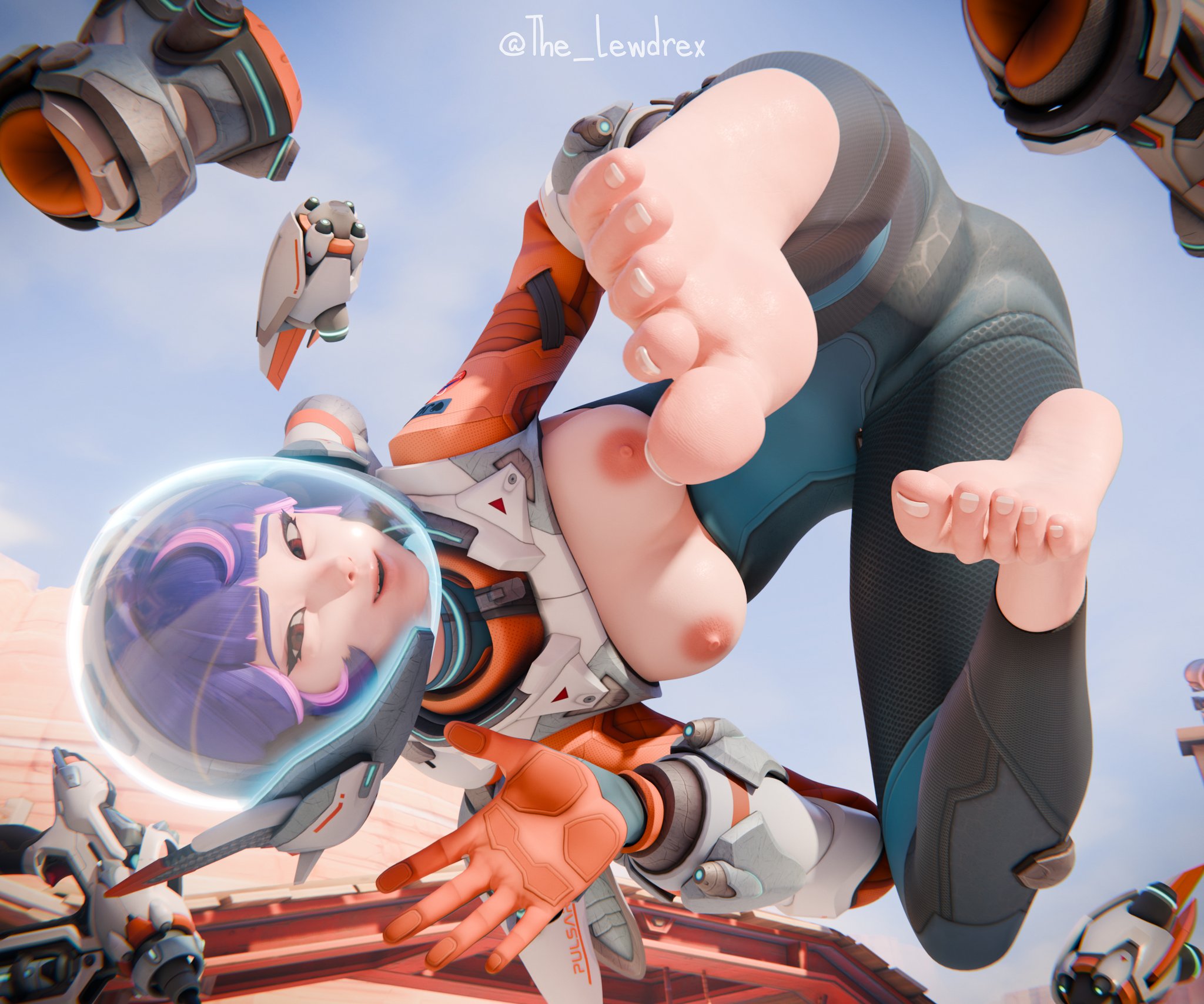 1girls, 3d, 3d (artwork), areolae, astronaut, astronaut helmet, blender, blizzard entertainment, breasts, breasts out, clothed, clothing, feet, female, female focus, female only, headwear, helmet, hi res, highres, juno (overwatch), leggings, lewdrex, light skin, light-skinned female, looking at viewer, medium breasts, nipples, overwatch, overwatch 2, purple hair, showing off, small breasts, smile, smiling, soles, watermark