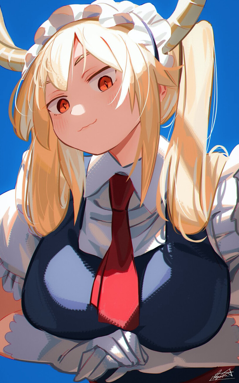 1girls, 2021, big breasts, blonde female, blonde hair, breasts, dragon girl, dragon horns, female, female focus, female only, gloves, horns, maid, maid headdress, maid uniform, miss kobayashi's dragon maid, red eyes, ryusei hashida, smile, smiling, solo, solo female, solo focus, tagme, tohru (dragon maid)