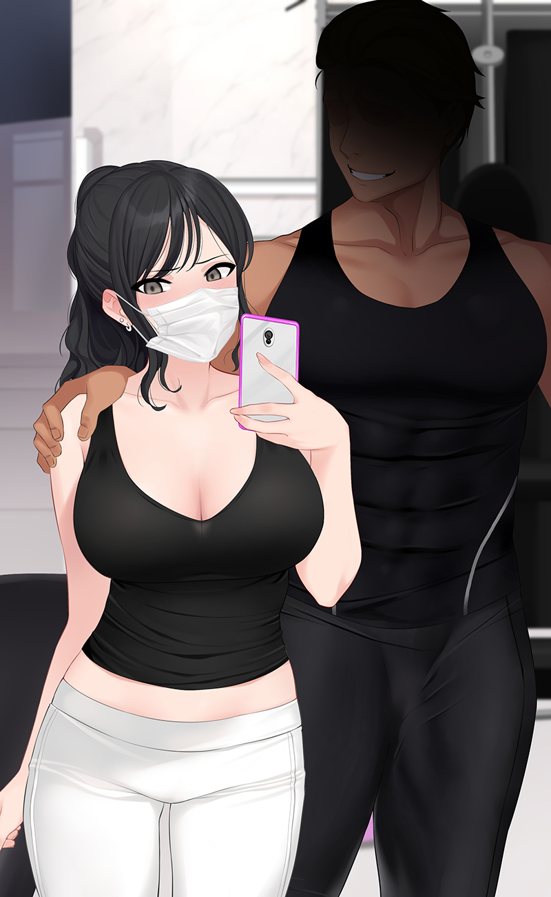 1boy, 1girls, blush, breasts, cleavage, female, fitness, grin, hand on shoulder, jjanda, large breasts, male, mask, original, original character, phone, ponytail, selfie, shaded face, smile, smirk, taking picture, tank top, yoga pants