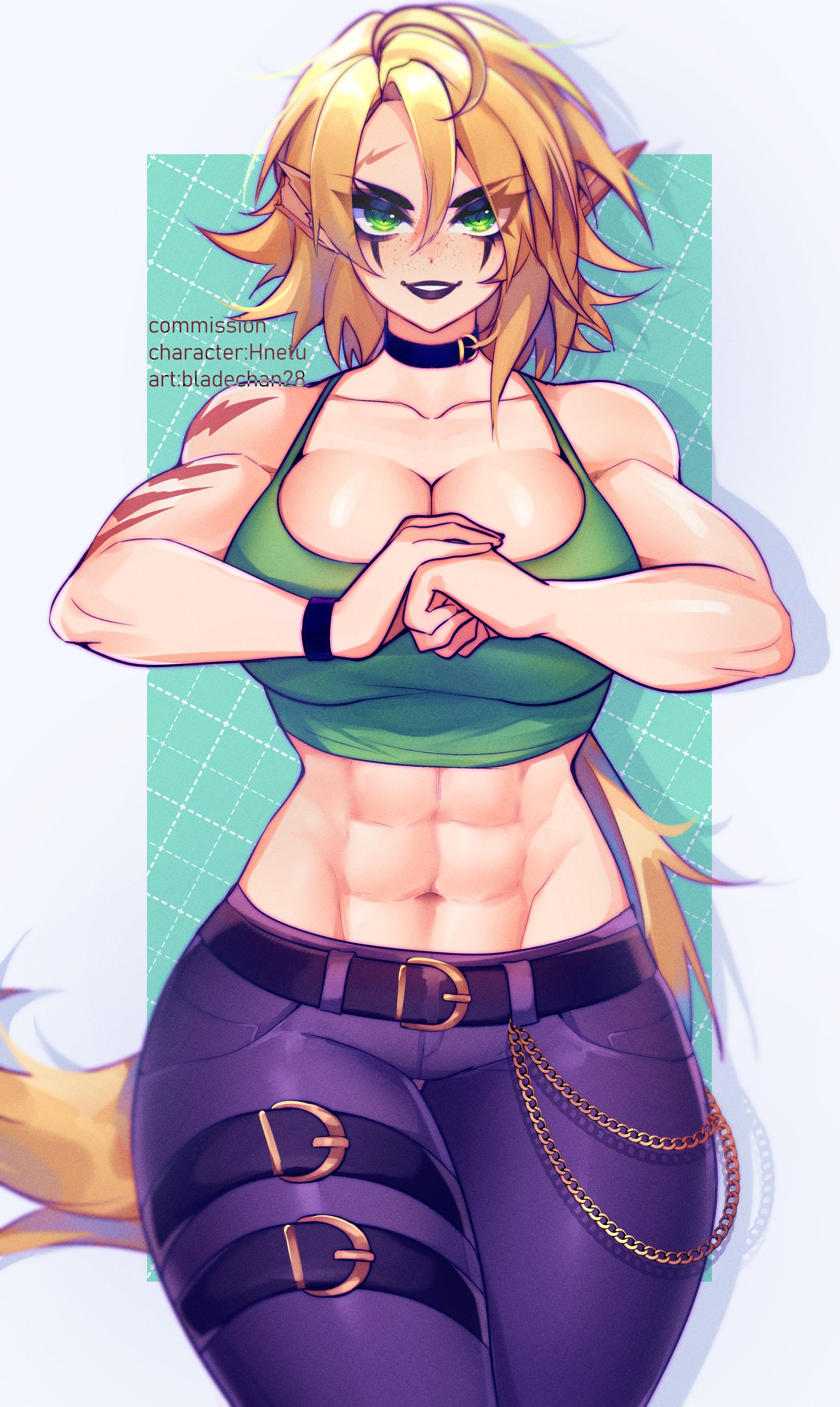 1girls, abs, belly, belly button, big breasts, bladechan28, blonde, blonde female, blonde hair, breasts, cat girl, catgirl, choker, collar, curves, curvy, exposed shoulders, face markings, female, fit, fit female, handband, hnetu (vtuber), hourglass, hourglass figure, huge breasts, indie virtual youtuber, jeans, large breasts, light skin, light-skinned female, long ears, long hair, markings, muscles, muscular, muscular female, pointy ears, sharp ears, shoulders, solo, solo female, thick, thick thighs, thigh gap, thighs, toned, toned female, tummy, virtual youtuber