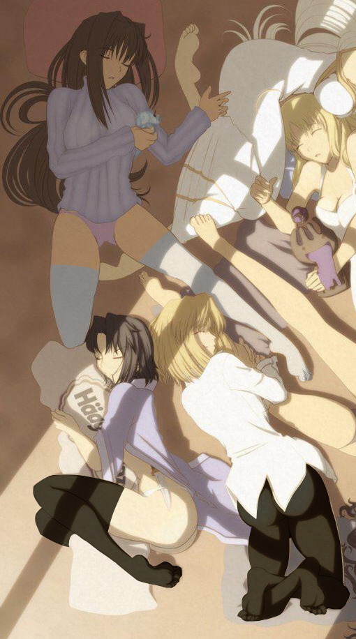 aozaki aoko, arcueid brunestud, artoria pendragon, ass, blonde hair, breasts, brown hair, dark hair, edit, fate (series), fate/stay night, fate/zero, feet, female, female ass, female only, irisviel von einzbern, kara no kyoukai, legs, mahou tsukai no yoru, multiple females, multiple girls, panties, ryougi shiki, saber, sleeping, stockings, sweater, thighhighs, thighs, tohsaka rin, tsukihime, type-moon