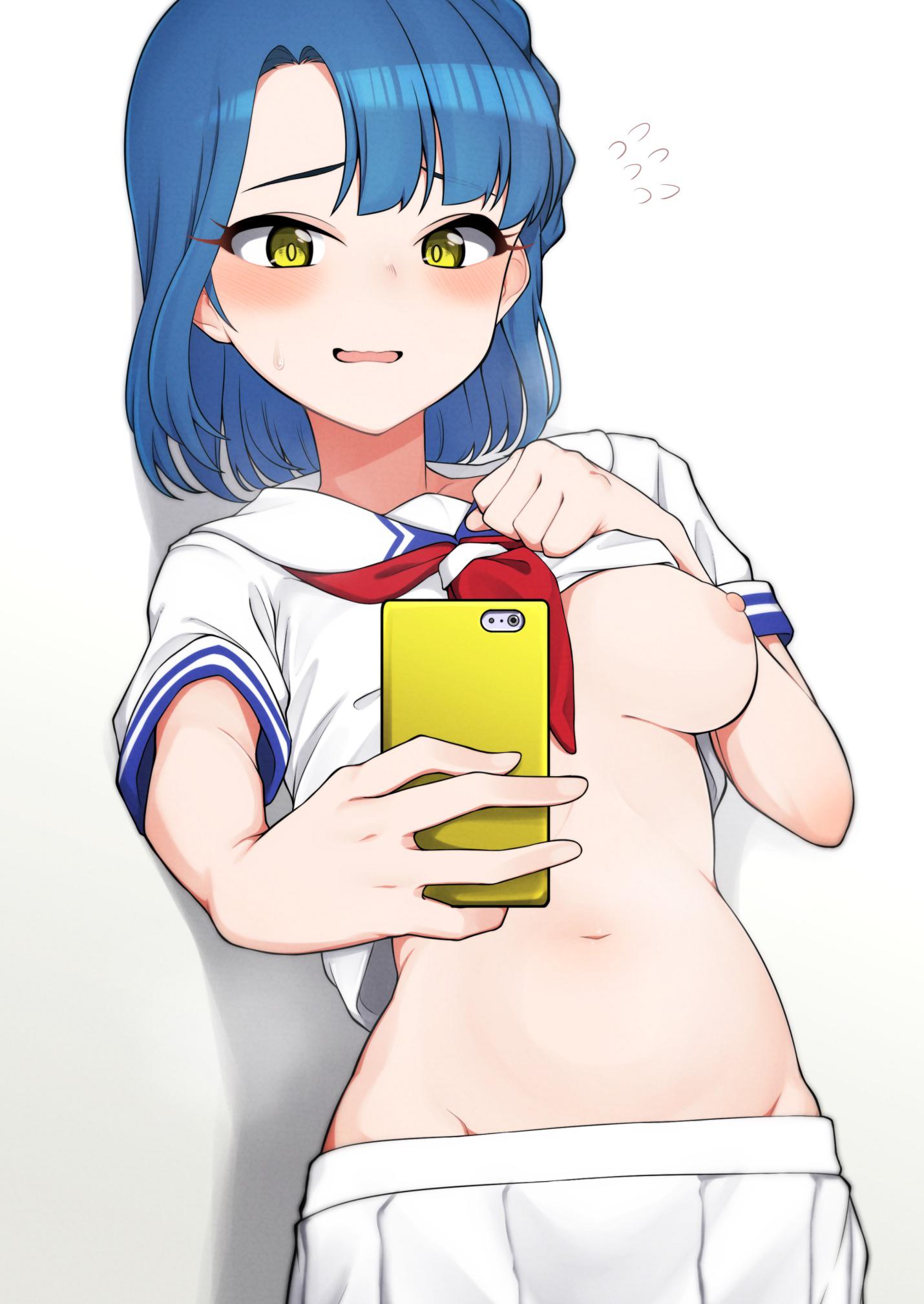 ^^^ areolae bangs belly belly_button blue_hair blush braid breasts embarrassed flashing flashing_breasts hi_res highres hips idolmaster idolmaster_million_live! looking_at_viewer medium_breasts midriff minakamirin mirror_selfie nanao_yuriko nipple_slip nipples open_mouth phone raised_clothing raised_shirt sailor_collar sailor_uniform selfie short_hair skirt sweat sweatdrop yellow_eyes