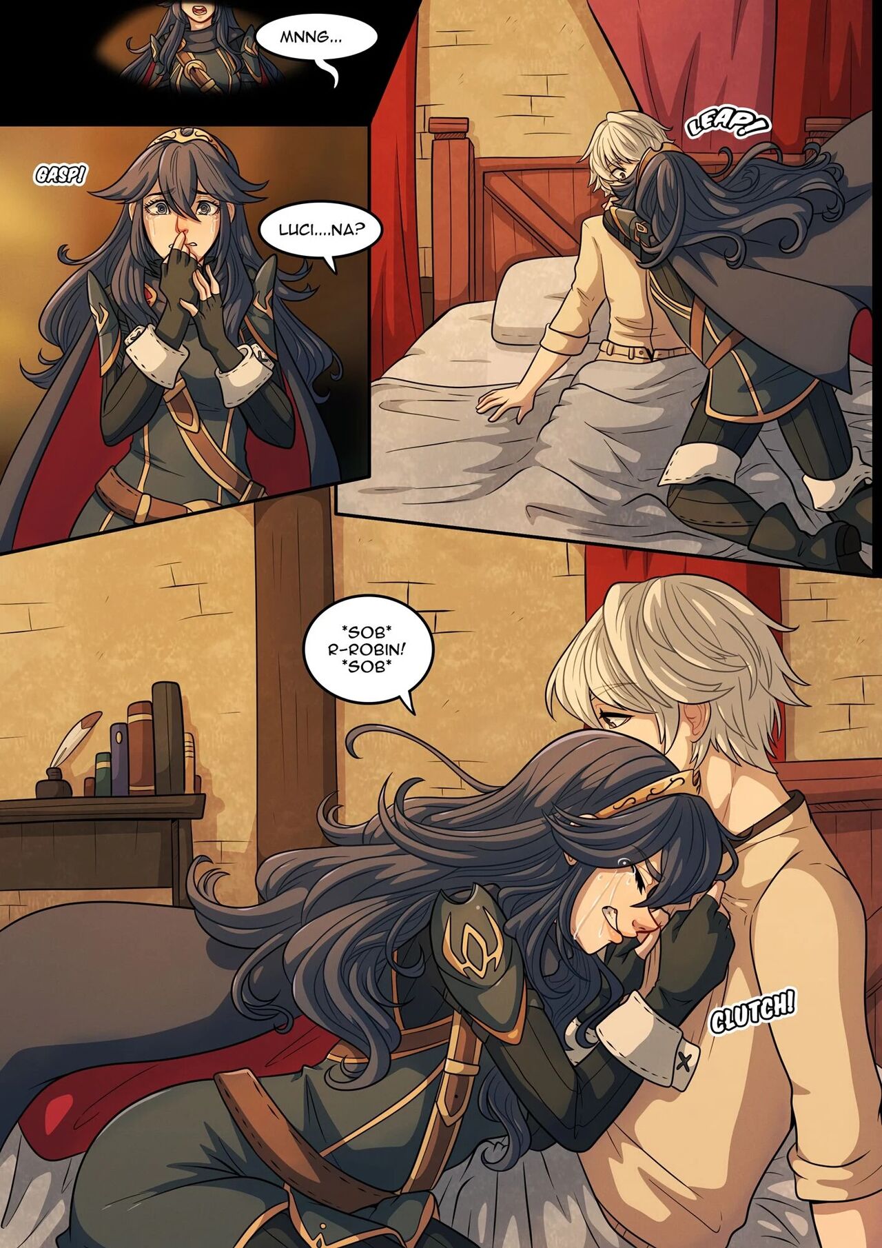 1boy, 1girls, blue hair, comic, crying, english text, female, fire emblem, fire emblem awakening, kinkymation, lucina (fire emblem), male, nintendo, page 2, robin (fire emblem), robin (fire emblem) (male), text, white hair, wholesome