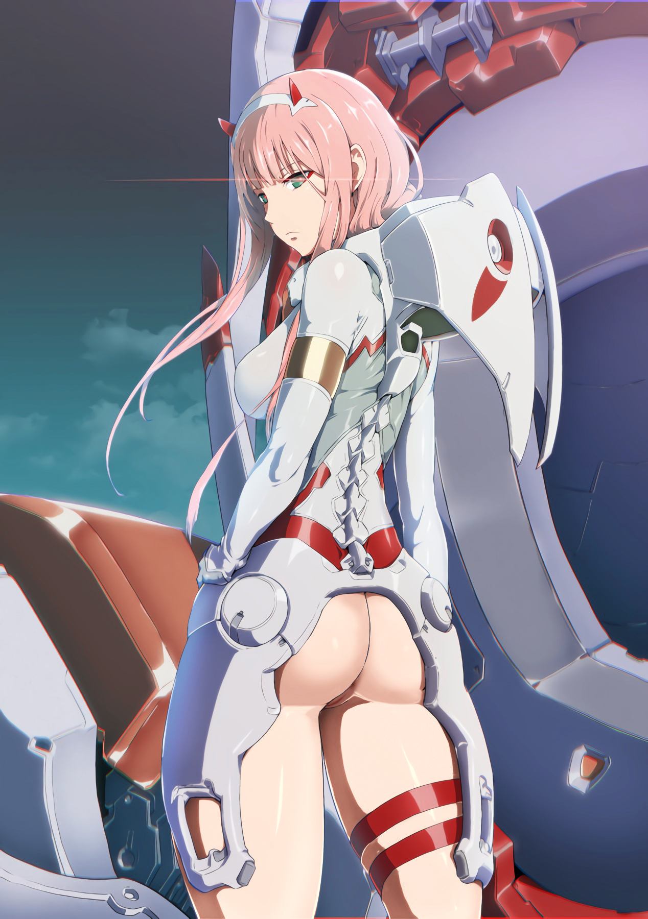 1girls, big breasts, breasts, darling in the franxx, female, humanization, light smile, lying, on back, orange eyes, pointless censoring, purple background, pussy, robot, simple background, small breasts, smile, solo, strelizia, zero two (darling in the franxx)