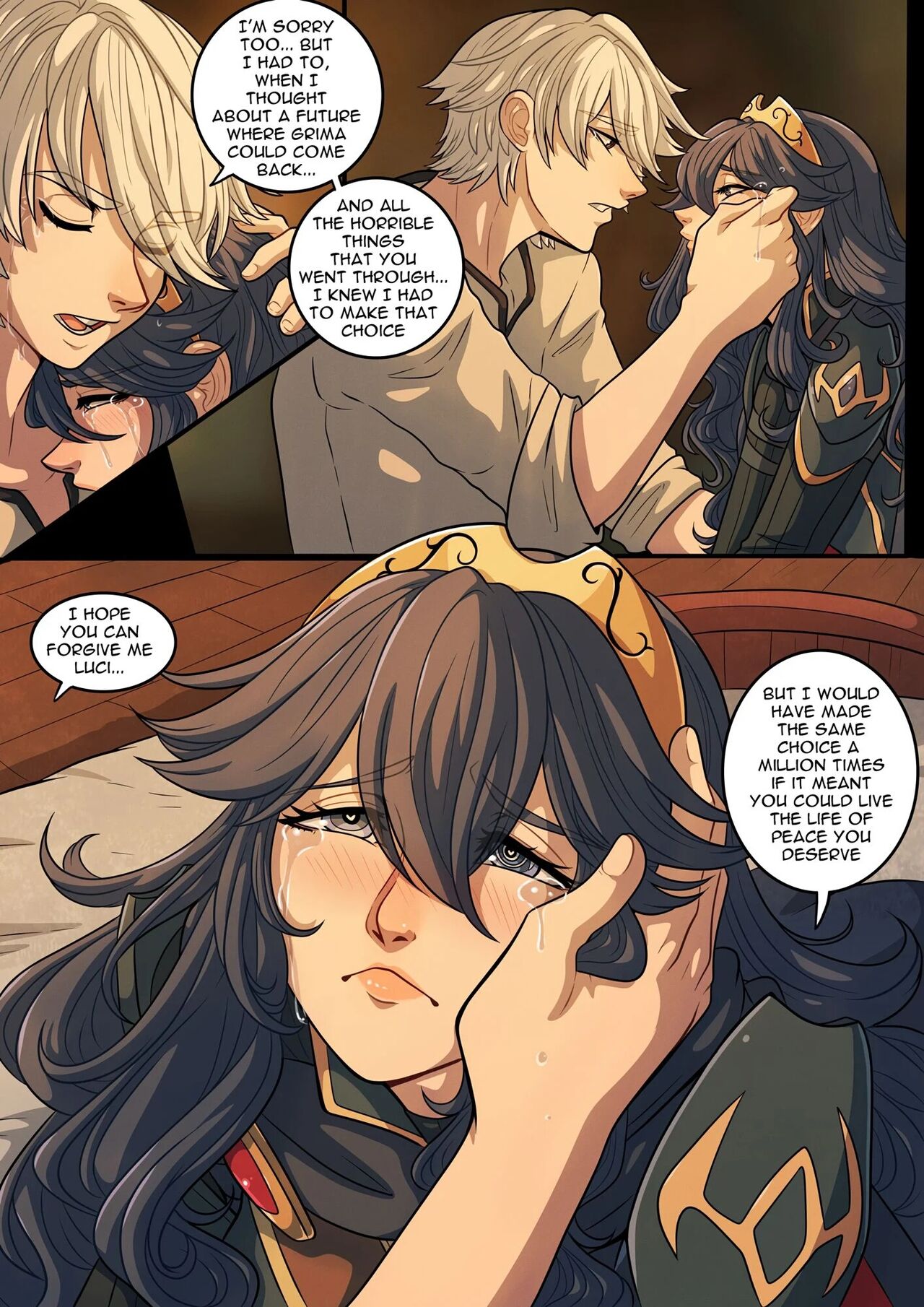 1boy, 1girls, blue hair, comic, crying, english text, female, fire emblem, fire emblem awakening, hug, kinkymation, lucina (fire emblem), male, nintendo, page 4, robin (fire emblem), robin (fire emblem) (male), text, white hair