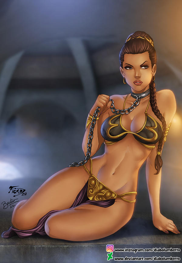 1girls belly_dancer belly_dancer_outfit braided_hair brown_eyes brown_hair chain_leash chained cleavage dancer dancer_outfit ed_benes_studio enslaved_royal female female_only fit_female fred_benes harem_girl harem_outfit large_breasts loincloth long_hair princess_leia_organa return_of_the_jedi slave slave_bikini slave_collar slave_leia slave_outfit slavegirl solo star_wars