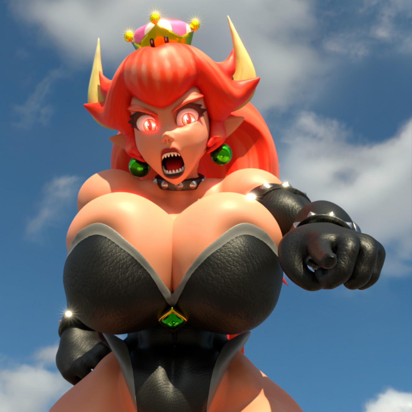 1girls, 3d, 3d (artwork), blender, bowsette, breasts, choker, crown, dark skin, dark-skinned female, earrings, female, female only, fully clothed, glowing eyes, huge breasts, hyper, hyper breasts, kabalmystic (style), leotard, mario (series), nintendo, red bowsette, red eyes, red hair, red lipstick, shocking (artist), solo, tagme, thick thighs