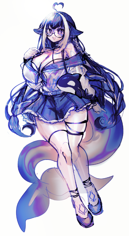 ahoge, big breasts, blue hair, breasts, cleavage, clothed, female, garter belt, glasses, indie virtual youtuber, legs together, long hair, lowres, off shoulder, orca, osiimi, shylily, tail, virtual youtuber, white hair