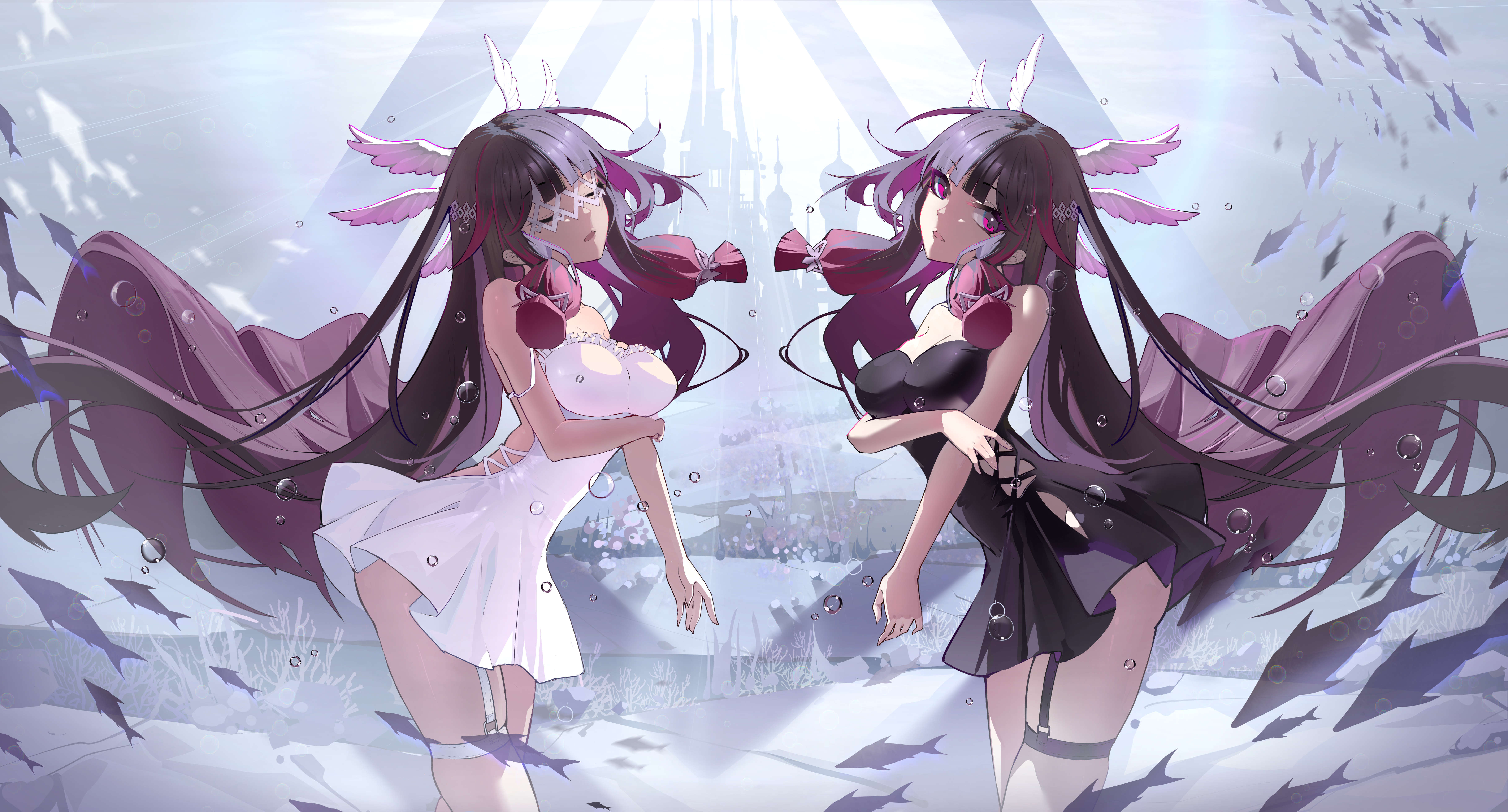 2girls, ai dongdong, ass, big breasts, black hair, breasts, breasts grab, columbina (genshin impact), female, female focus, female only, genshin impact, long hair, looking at viewer, pose, red eyes, skirt, skirt up, tagme