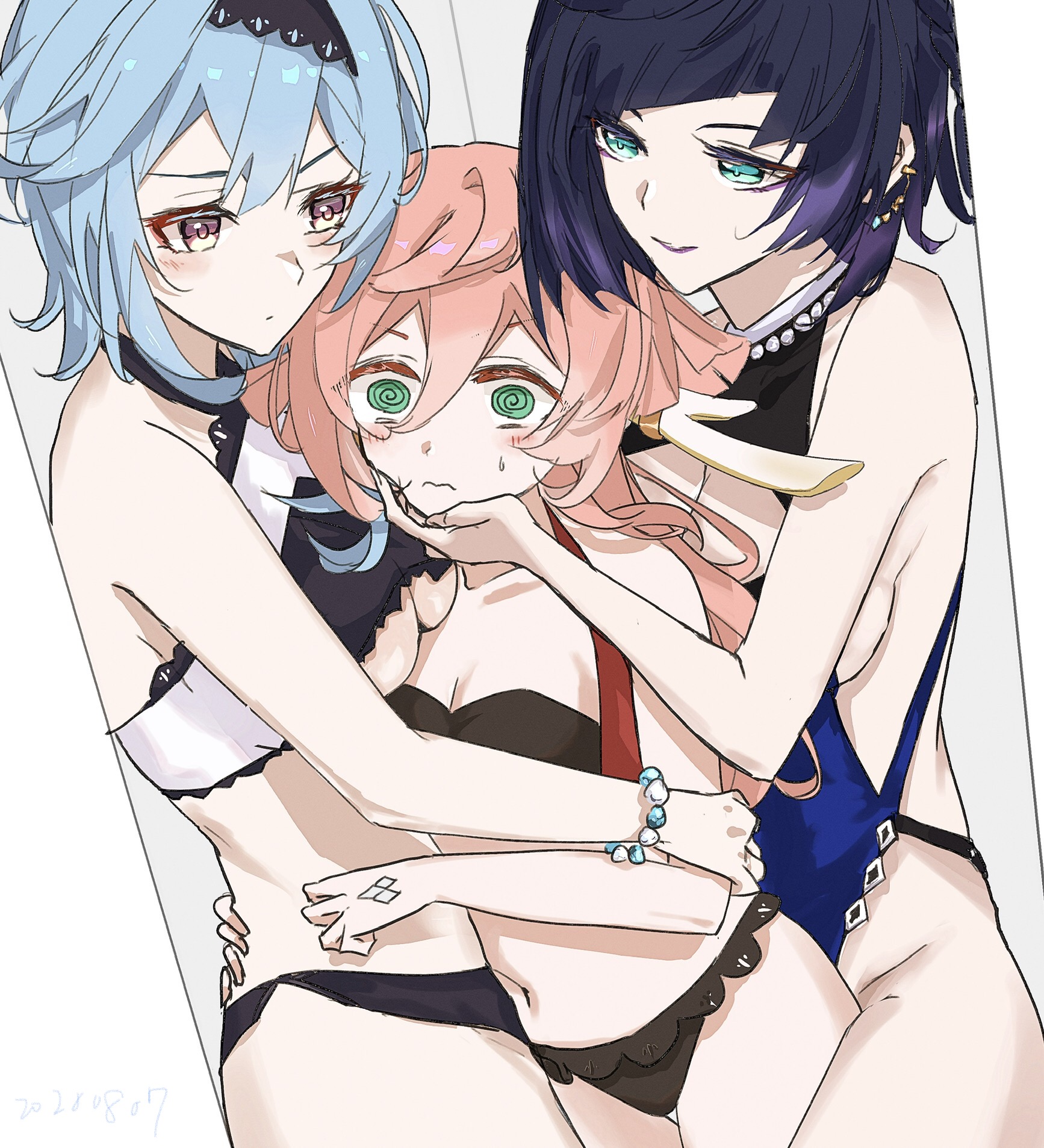 3girls, ara ara, blush, breasts, cleavage, eula (genshin impact), female, female only, genshin impact, hug, lesbian focus, mihoyo, milf, panties, sandwiched, small breasts, smile, sweatdrop, underboob, underwear, yanfei (genshin impact), yelan (genshin impact), yuri