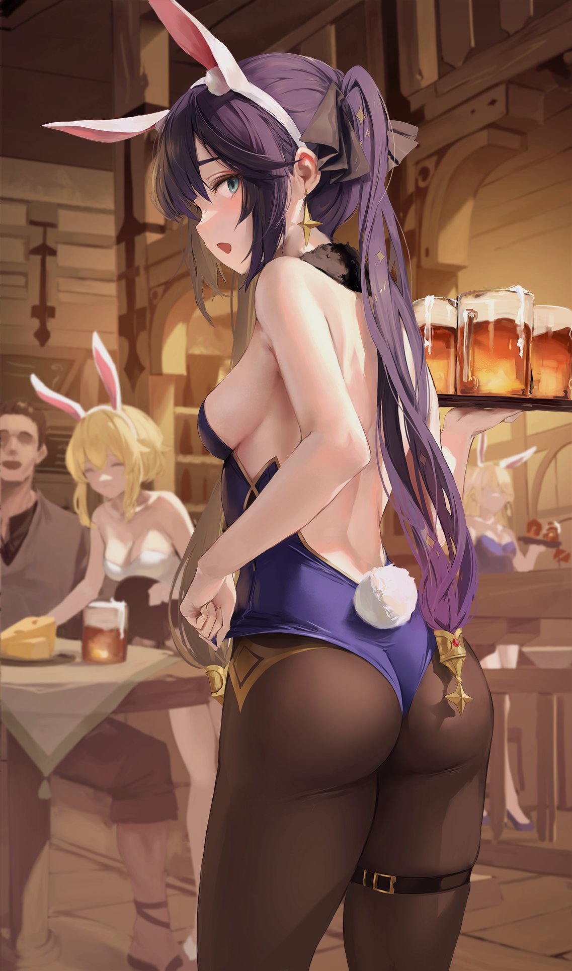 2girls aether_(genshin_impact) alcohol ass ass_focus beer blue_eyes breasts bunny_girl bunny_hair_ornament bunnysuit dat_ass drink female_focus food from_behind genshin_impact hiki_niito hiki_nito leotard looking_at_viewer lumine_(genshin_impact) mona_(genshin_impact) pantyhose purple_eyes sideboob standing tavern thick_thighs twintails waitress