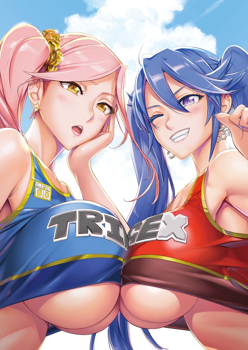 2girls alternative_hairstyle blue_eyes blue_hair blush breasts_press breasts_to_breasts breasts_touching cheerleader collarbone earrings golden_eyes hitsugi_sayo huge_breasts inazuma long_hair mature_female midriff multiple_females multiple_girls pink_hair sagiri_yuuko satou_shouji scrunchie side_ponytail smile triage_x twintails underboob