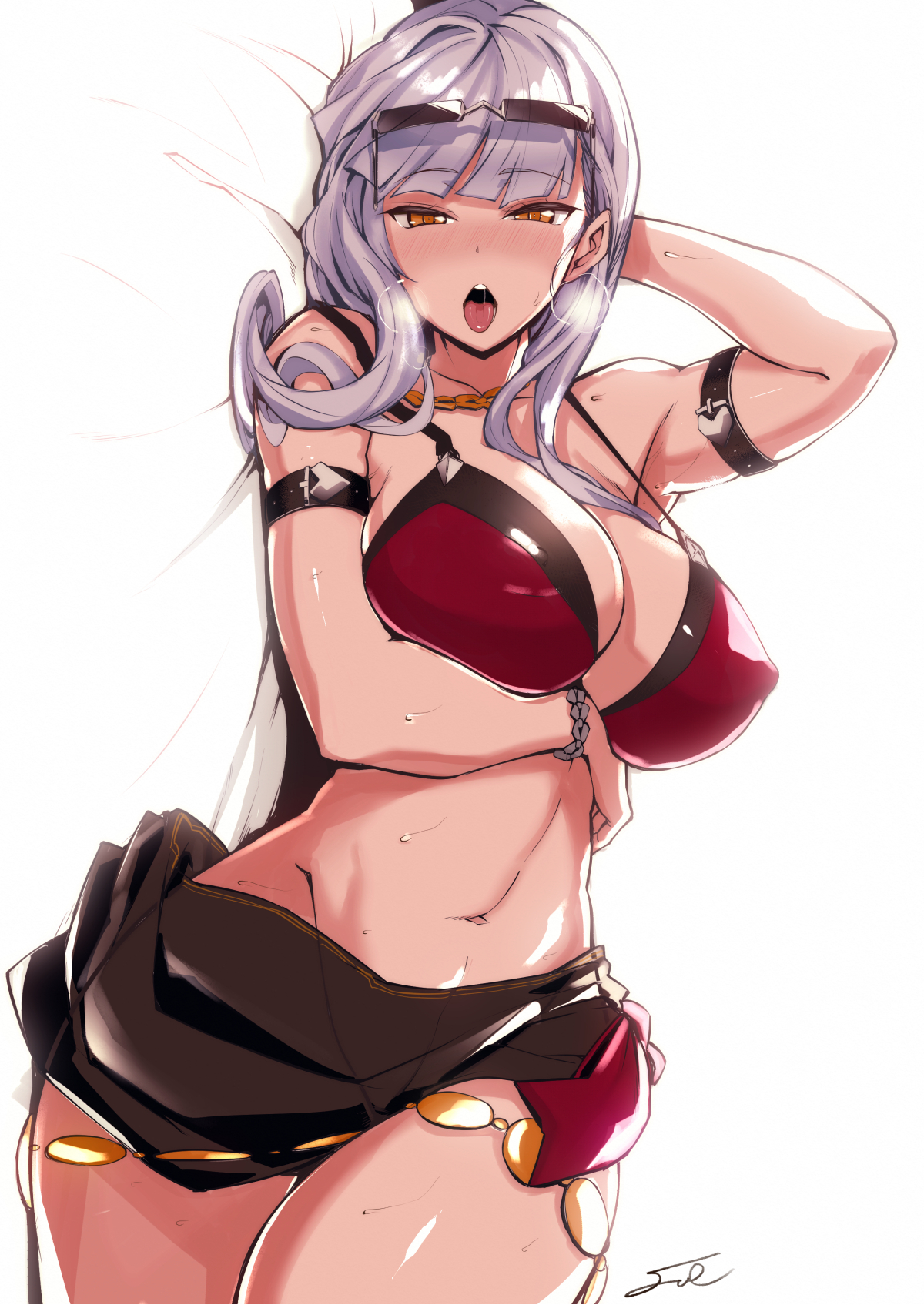 bikini, black nails, breasts, carmilla (fate), carmilla (summertime mistress), choker, cross, cross choker, curly hair, eyewear on head, fate (series), fate/grand order, female, fue (rhomphair), highres, large breasts, looking at viewer, nail polish, open mouth, sarong, solo, sunglasses, swimsuit, tongue, tongue out, white hair, yellow eyes