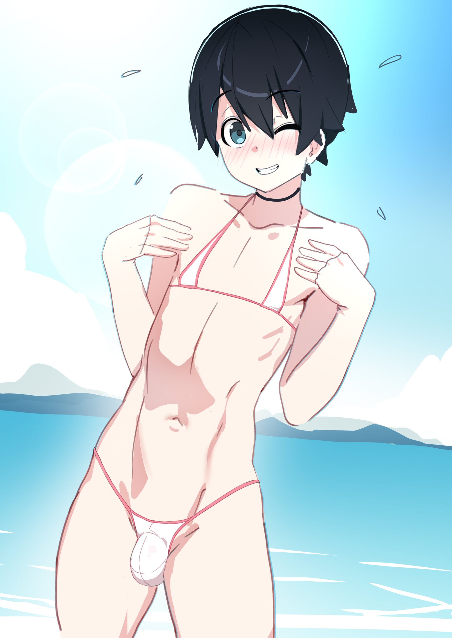 1boy, bigppea, black hair, blue eyes, blush, bulge, choker, eye contact, femboy, girly, looking at viewer, male, male only, micro bikini, one eye closed, penis, penis bulge, short hair, skinny, solo, solo male, standing, thighs