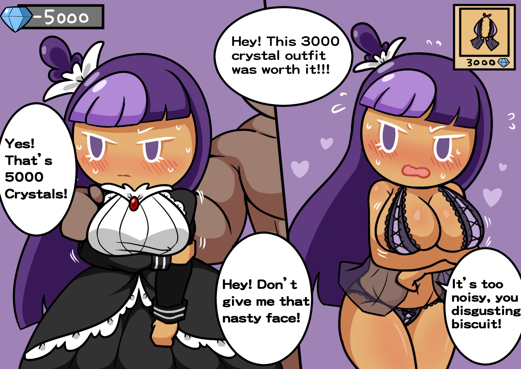 1boy, 1girls, big breasts, blackberry cookie, blush, bra, breast grab, breasts, cleavage, cookie run, cookie run kingdom, dialogue, dress, embarrassed, english text, eyelashes, female, flag (artist), hi res, huge breasts, large breasts, lingerie, male, male/female, panties, purple background, purple eyes, purple hair, simple background, speech bubble, straight, sweat, tan body, tan skin, thick thighs