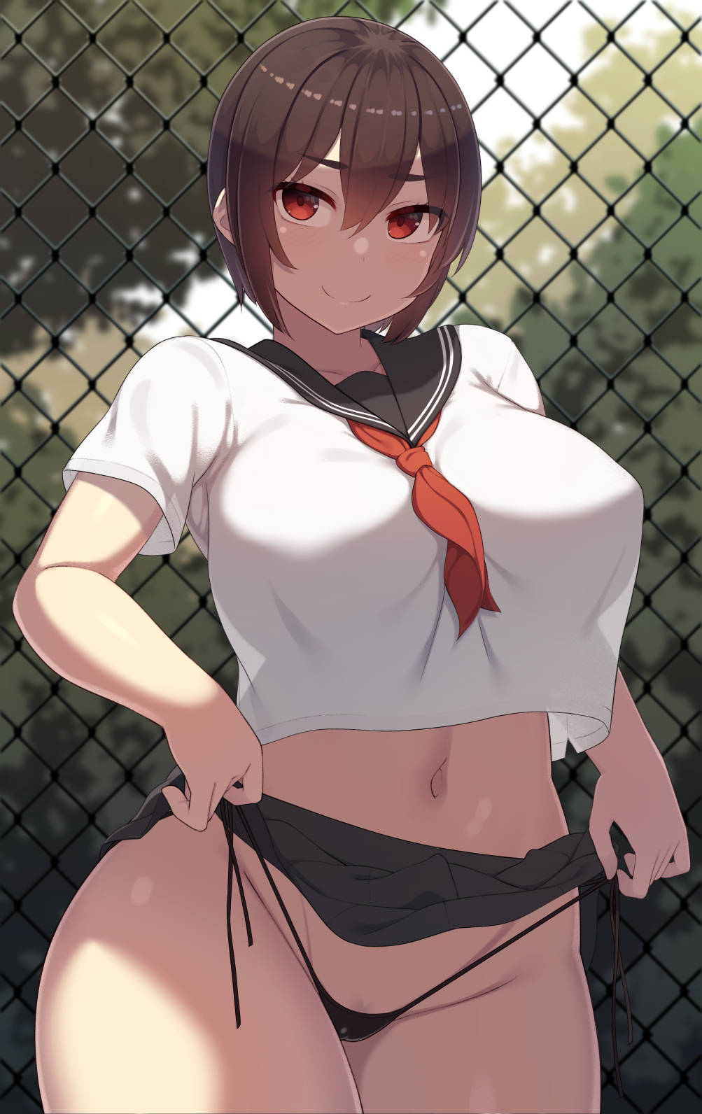 1girls 2022 black_panties blush breasts brown_eyes brown_hair female female_only hips huge_breasts massive_breasts original original_character panties sailor_collar sailor_uniform samegami short_hair smile thick_thighs thighs wide_hips