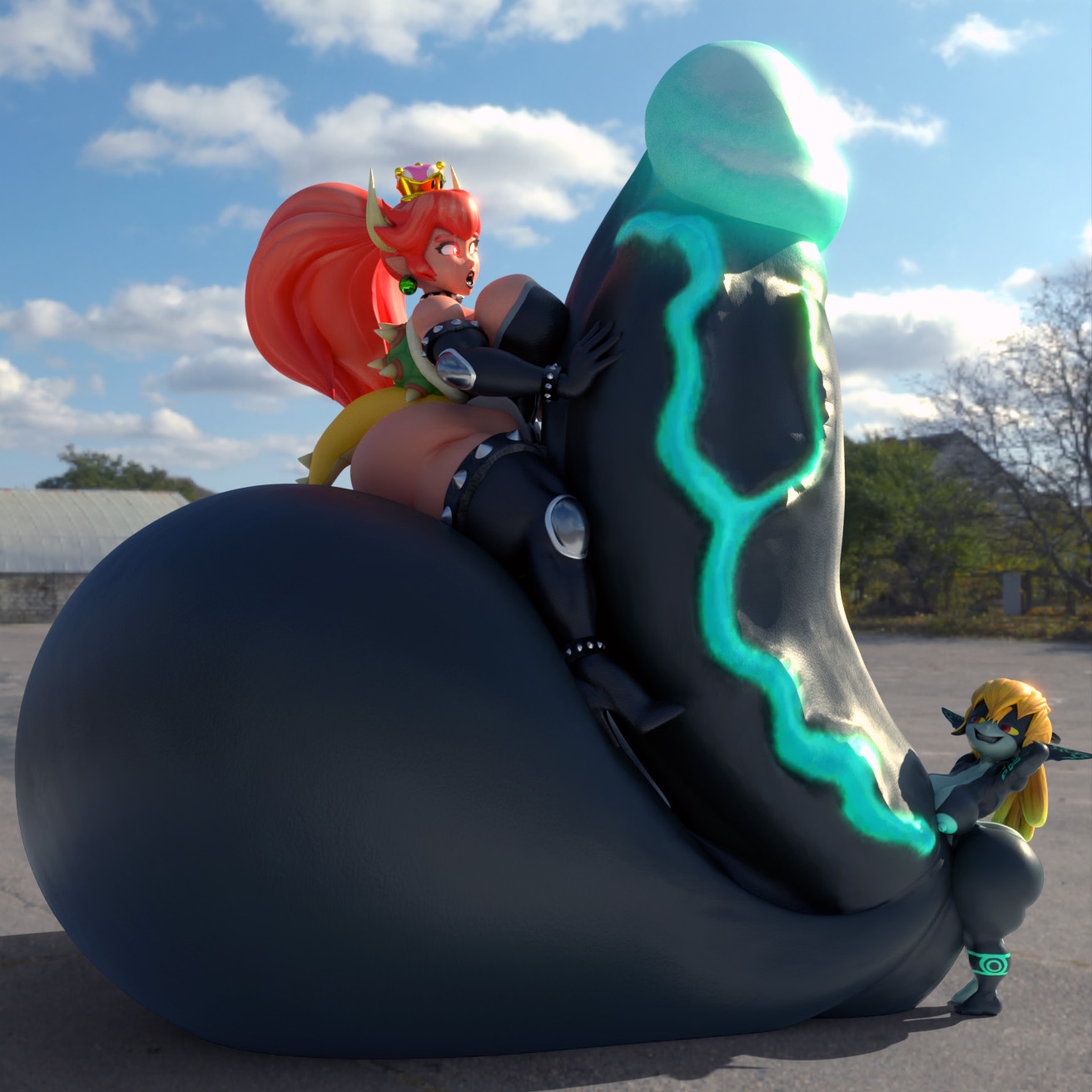 1futa, 1girls, 3d, 3d (artwork), balls, blender, blonde hair, bowsette, breasts, choker, completely nude, crossover, crown, earrings, female, futa on female, futanari, glowing eyes, high heel boots, high heels, huge balls, huge breasts, huge cock, hyper, hyper balls, hyper breasts, hyper penis, imp midna, intersex, kabalmystic (style), mario (series), midna, nintendo, nude, nude futa, penis, red bowsette, red eyes, red hair, red lipstick, shocking (artist), shortstack, sitting on balls, tagme, the legend of zelda, thick thighs, twilight princess, veiny penis