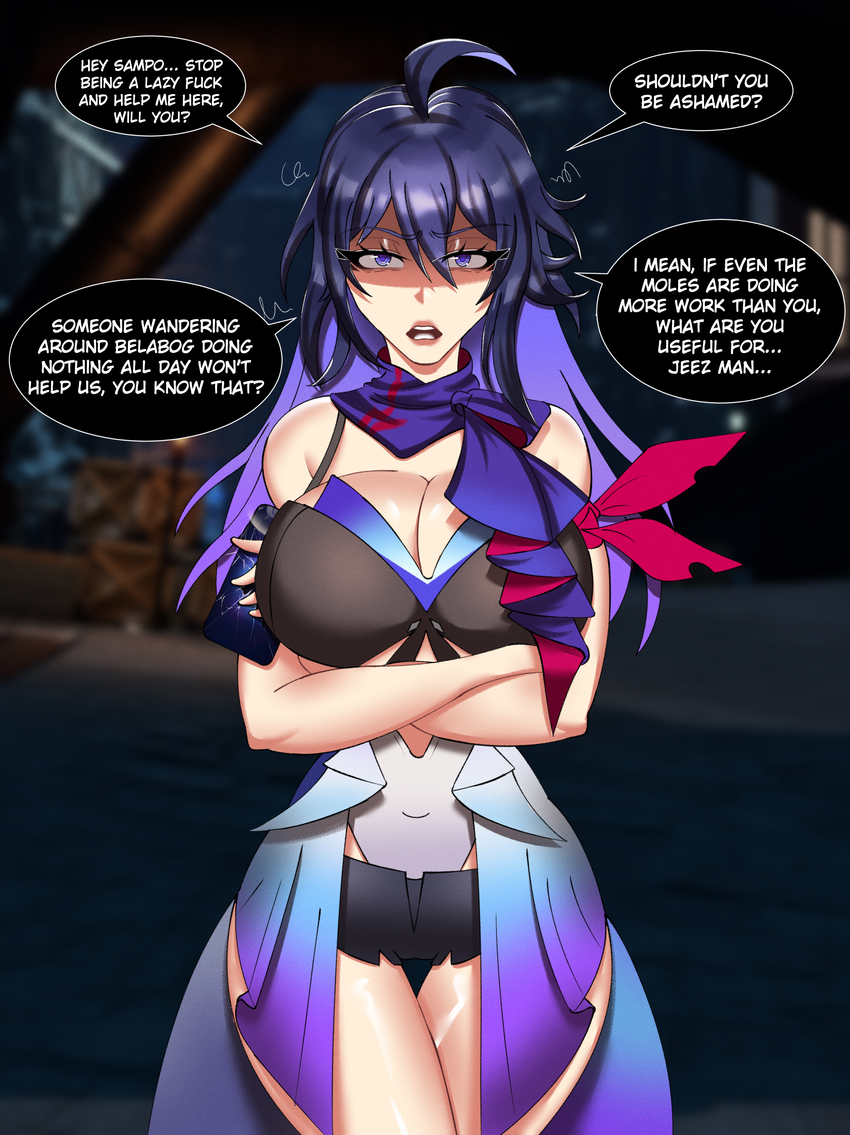 angry, ass, big ass, big breasts, big butt, blue eyes, blue hair, breasts, clothing, crossed arms, female, honkai: star rail, itzaysel, sampo (honkai star rail), seele (honkai: star rail)