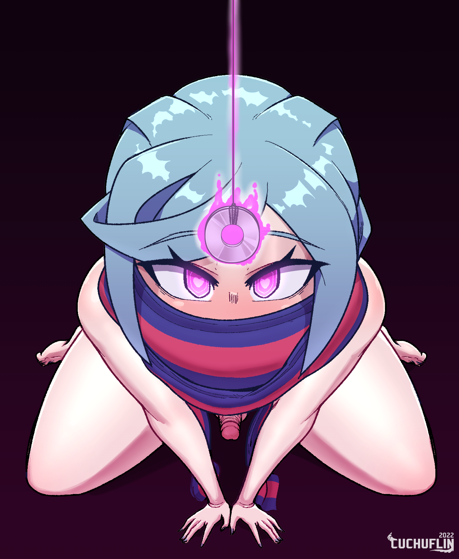 1boy, bending forward, blue hair, blush, cuchuflin, female, femboy, feminine pose, grusha (pokemon), heart-shaped pupils, human, hypno, hypnosis, hypnotized, leaning forward, light skin, light-skinned female, male, male only, nail polish, nails, naked scarf, on ground, pendulum, penis, pink eyes, pokemon, pokemon (species), pokemon sv, scarf, solo, solo female, thick thighs, thighs, wariza