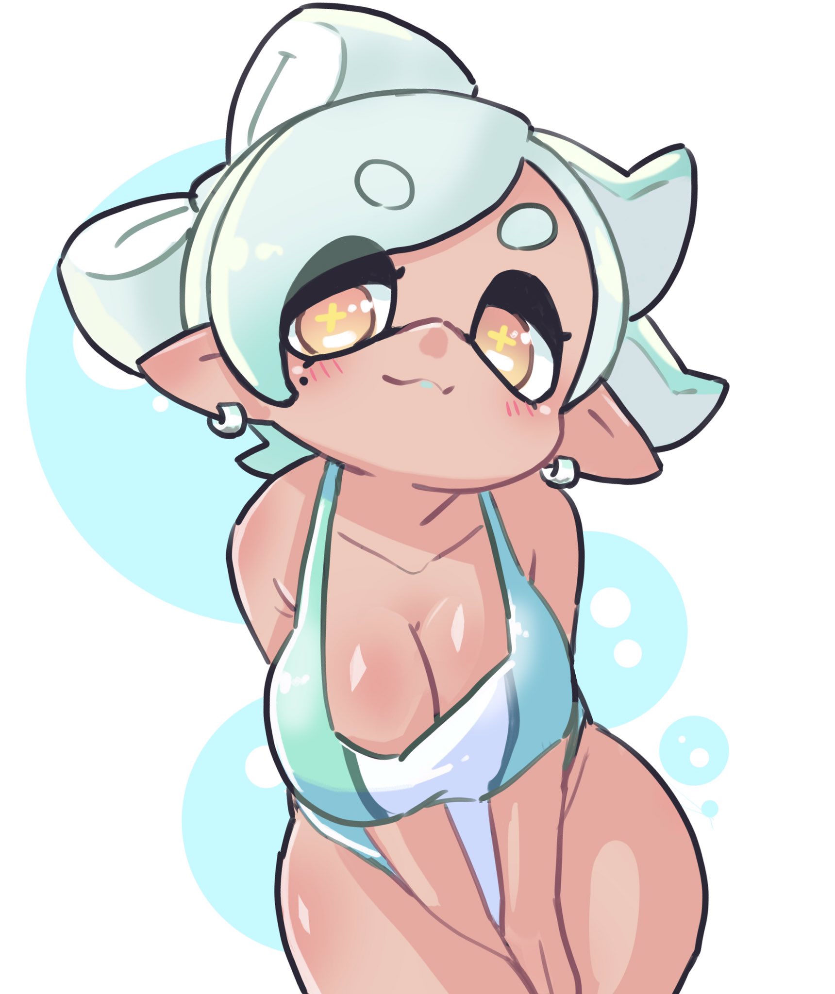 :3, 1girls, big breasts, blush, breasts, curvy, earrings, female, female only, inkling, marie (splatoon), pointy ears, splatoon, tagme, tanned, tanned female, whichdoll, white hair, yellow eyes