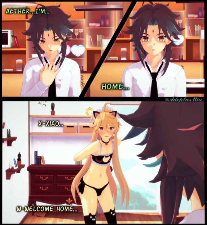 2boys, 3d, aether (genshin impact), ahoge, bell collar, bikini, blonde hair, cat ears, crossdressing, dominant male, embarrassed, femboy, gay, genshin impact, long hair, male, male only, stockings, submissive male, teal hair, thighhighs, thighs, twink, xiao (genshin impact), yaoi