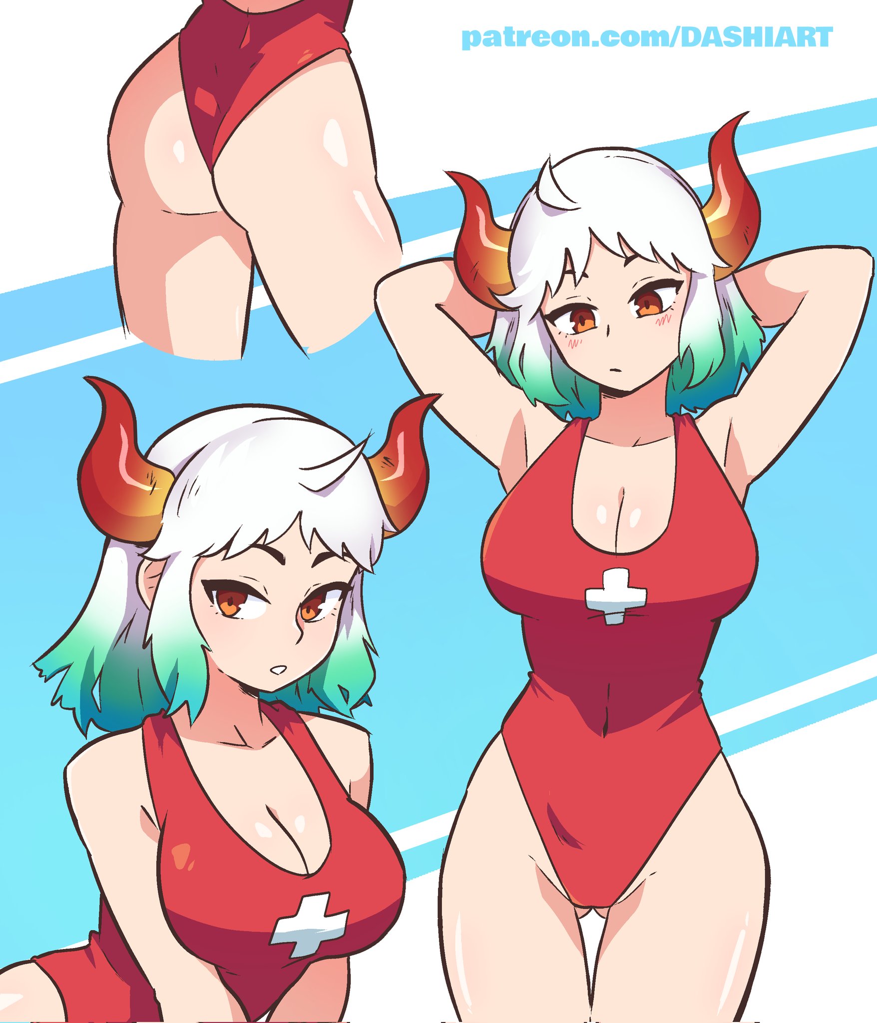 1girls, armpits, big breasts, bikini, blonde female, blue hair, breasts, brown eyes, clothed, clothing, curvy, dashi art, ear piercing, earrings, female, female only, gradient hair, hi res, highres, hoop earrings, horned humanoid, horns, humanoid, large breasts, leotard, lifeguard, light skin, light-skinned female, long hair, looking at viewer, multicolored hair, multiple views, one piece, oni, oni female, oni horns, revealing clothes, simple background, solo, swimsuit, two-tone hair, white hair, white-haired female, wide hips, yamato (one piece)