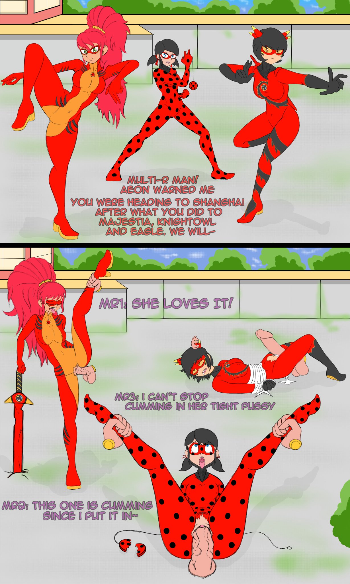 ahe_gao english english_dialogue english_text erect_nipples fei_wu heavenflower instant_loss instant_loss_2koma kagami_tsurugi ladybug_(character) ladydragon_(character) marinette_cheng marinette_dupain-cheng miraculous_ladybug penis rape ryuko_(character) text torn_bodysuit torn_clothes unseen_male_face