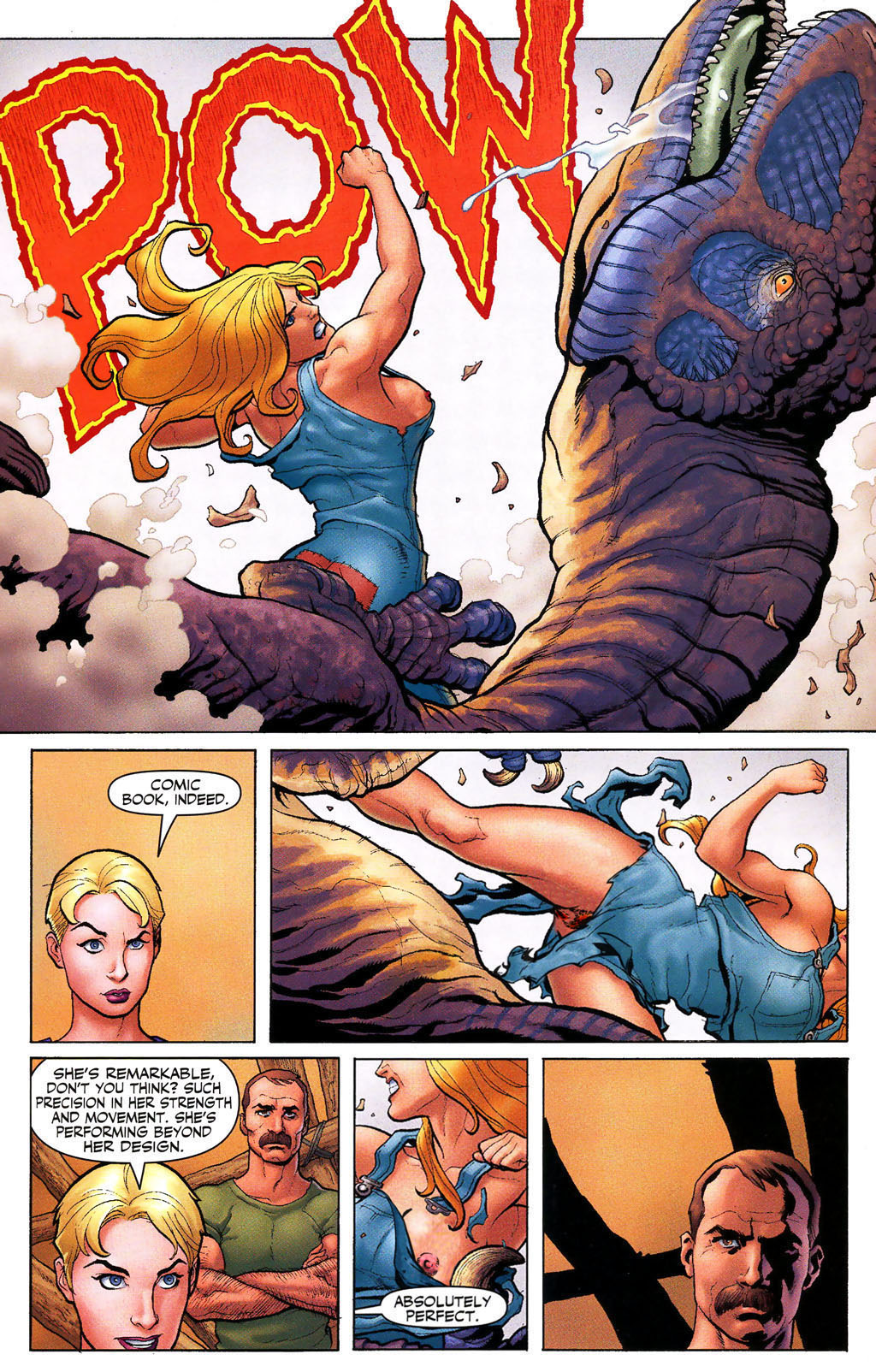 blonde_female blonde_hair blue_eyes breasts comic comic_page dave_stewart dinosaur fight fist frank_cho ka-zar_(series) marvel marvel_comics naked_overalls nipples overalls punch shanna_the_she-devil teeth torn_clothes torn_overalls