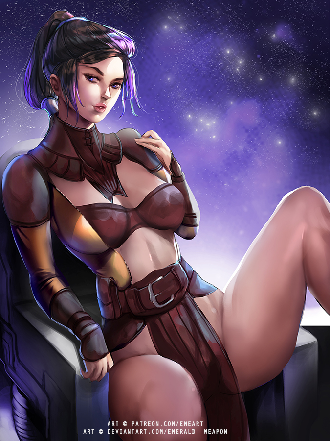 bastila_shan emerald_weapon_(artist) female jedi knights_of_the_old_republic sitting solo star_wars tagme unzipped zipper_down