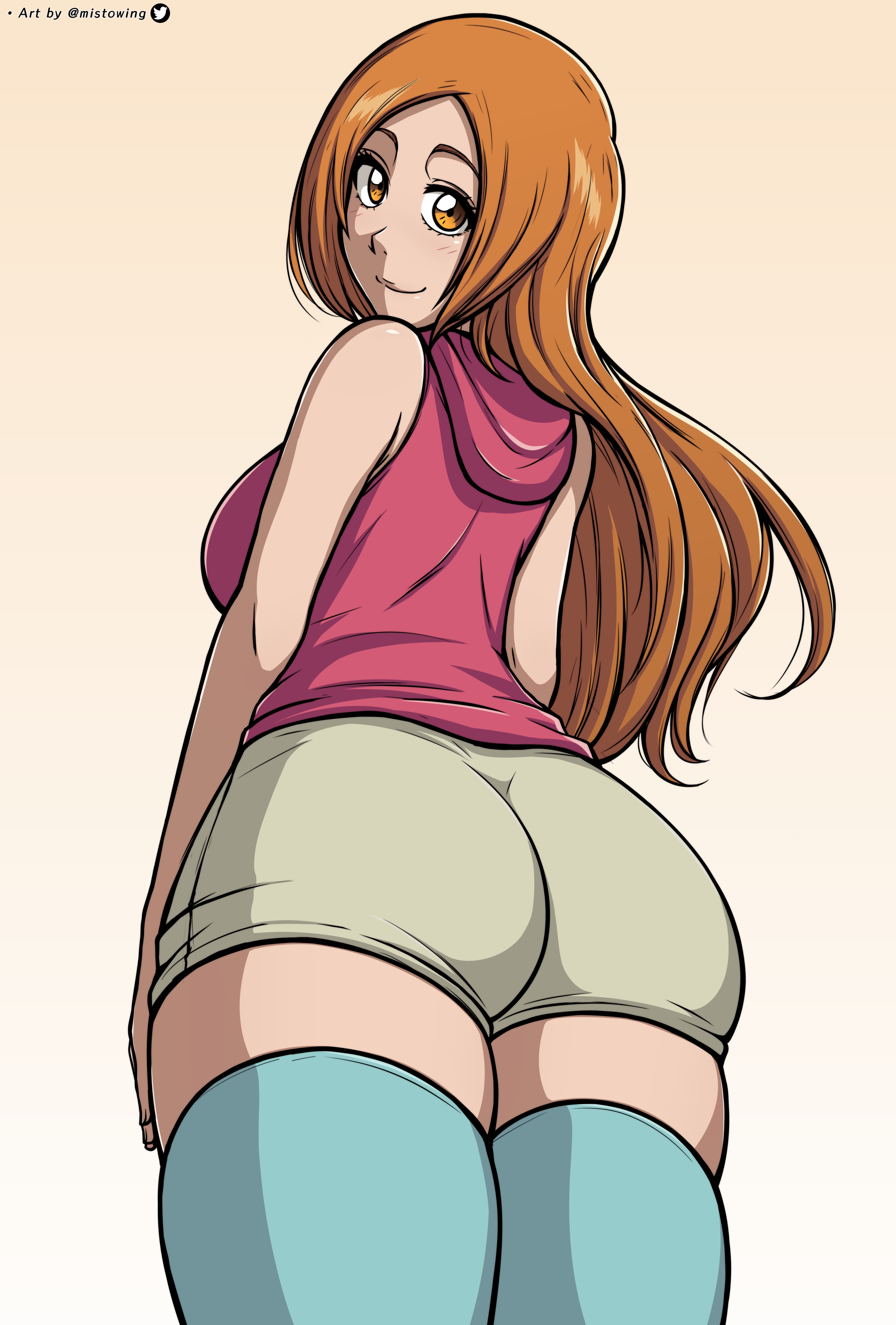 1girls, alternate costume, ass, ass focus, back view, bare legs, bare shoulders, big ass, bleach, blush, brown eyes, bubble ass, bubble butt, clothed female, clothing, female, female only, from behind, fully clothed, hood, inoue orihime, legs together, legwear, light skin, light-skinned female, long hair, looking at viewer, looking back, mistowing, narrow shoulders, orange hair, presenting, presenting ass, presenting hindquarters, rear view, round ass, shorts, sleeveless, sleeveless shirt, solo, solo female, solo focus, standing, tank top, thick thighs, thighhighs, thin arms, thin waist, tight clothing, very long hair, voluptuous, wide hips