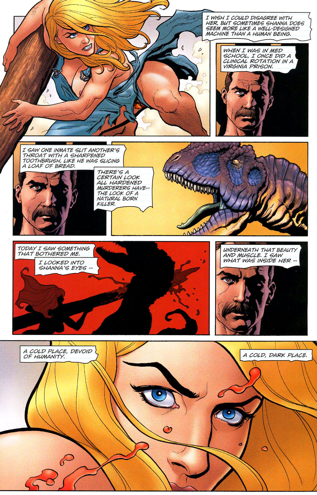 blonde_hair blood blood_splatter blue_eyes comic comic_page dave_stewart dinosaur frank_cho ka-zar_(series) killing log marvel marvel_comics naked_overalls narration overalls shanna_o'_hara shanna_the_she-devil torn_clothes torn_overalls